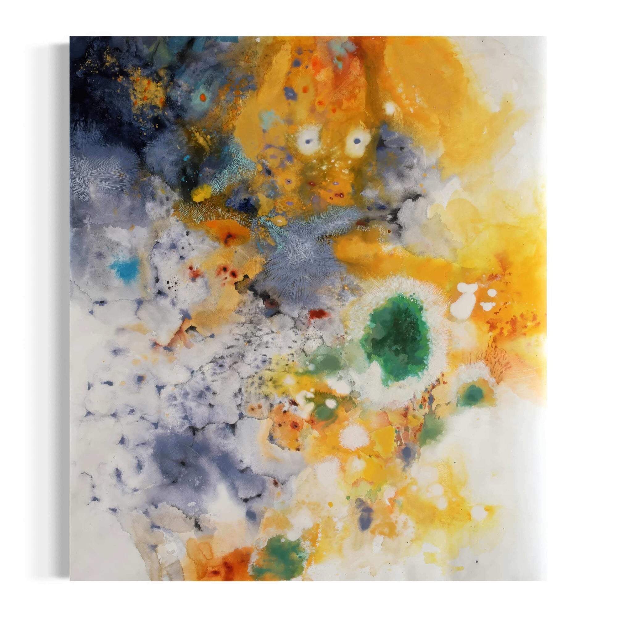 Abstract expressionism artwork featuring vibrant hues of yellow, blue, and green, showcasing nature's beauty in decay.