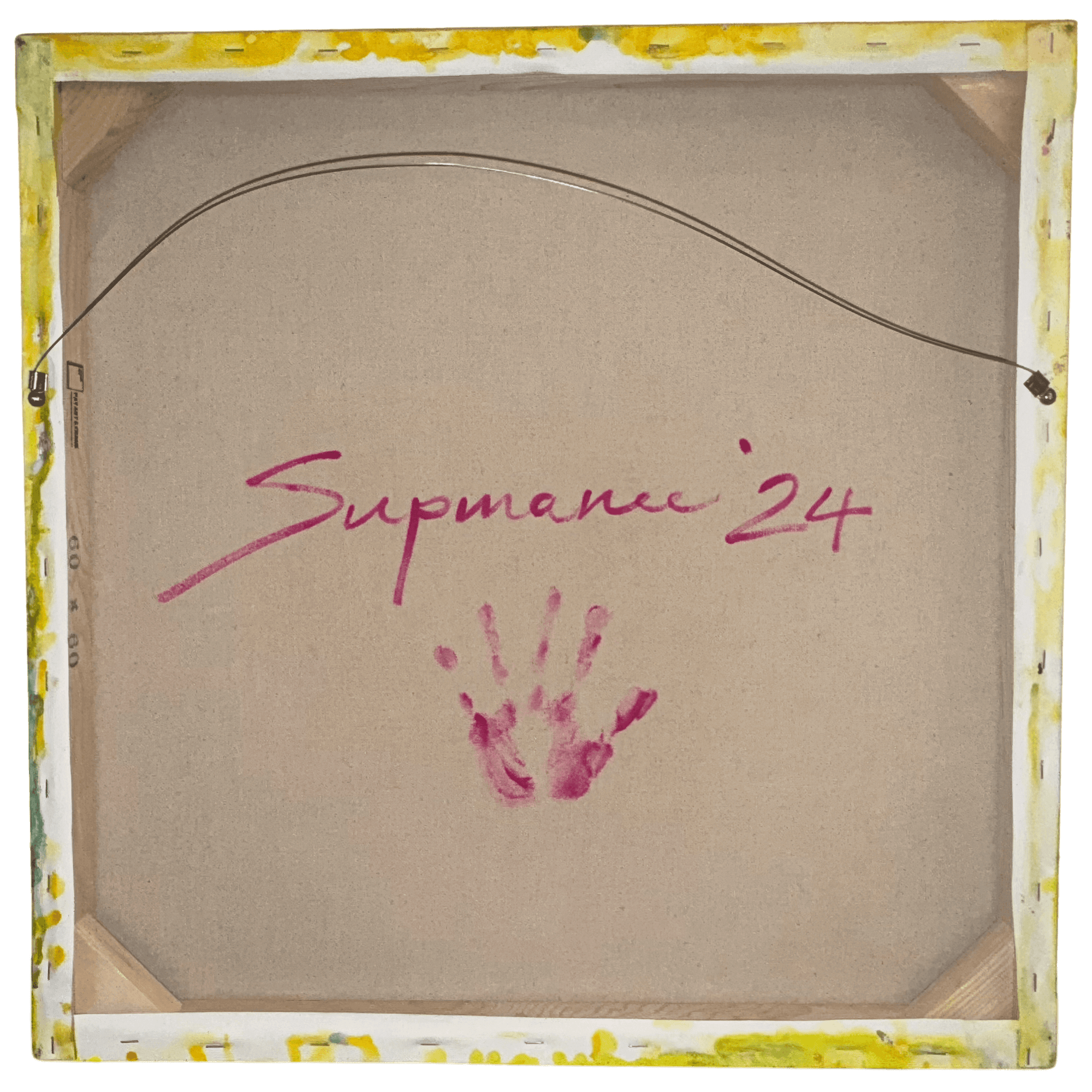 Back view of artist Supmanee Chaisansuk's 2024 artwork featuring signature and handprint in pink.