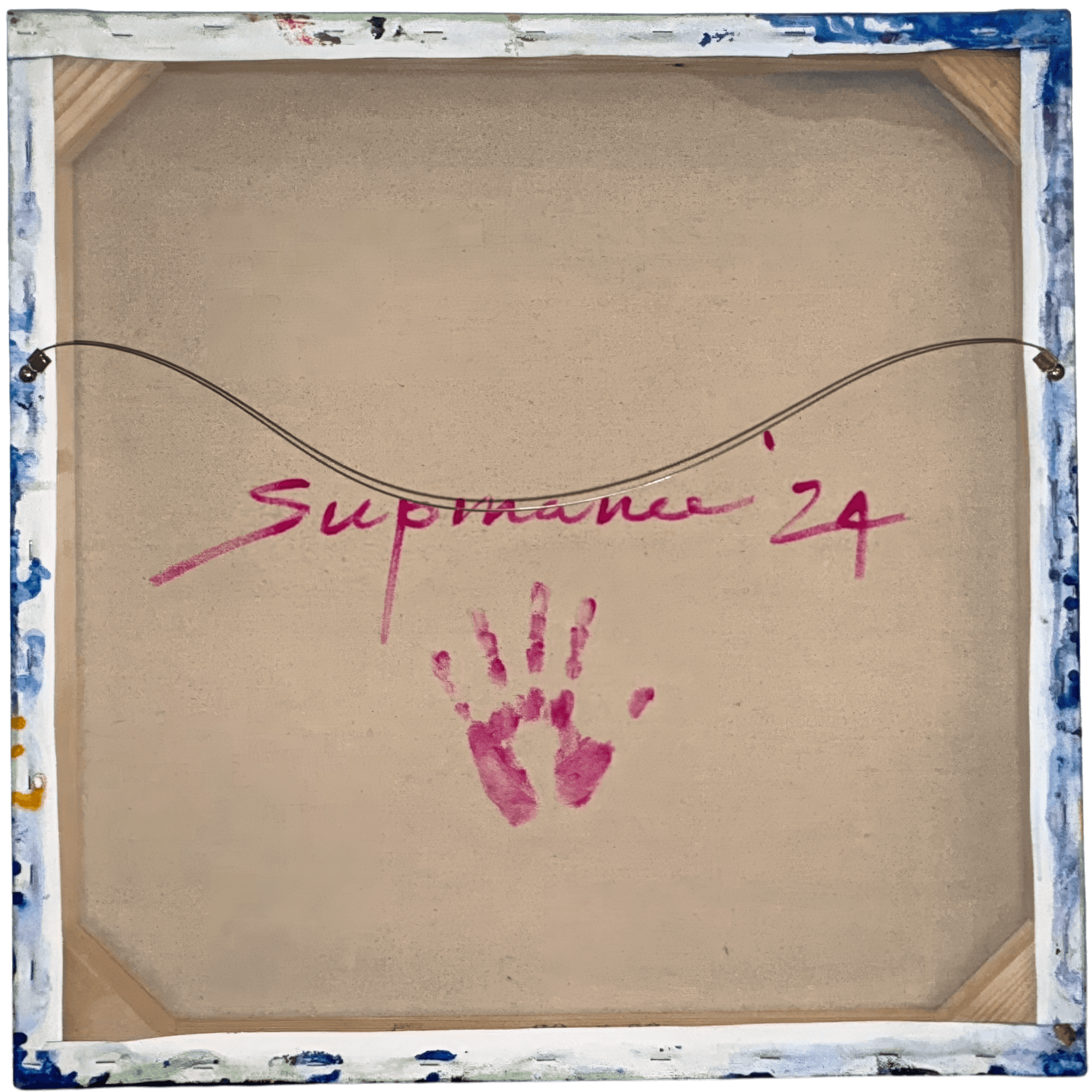 Signature and handprint of artist Supmanee Chaisansuk on the back of an unframed artwork.