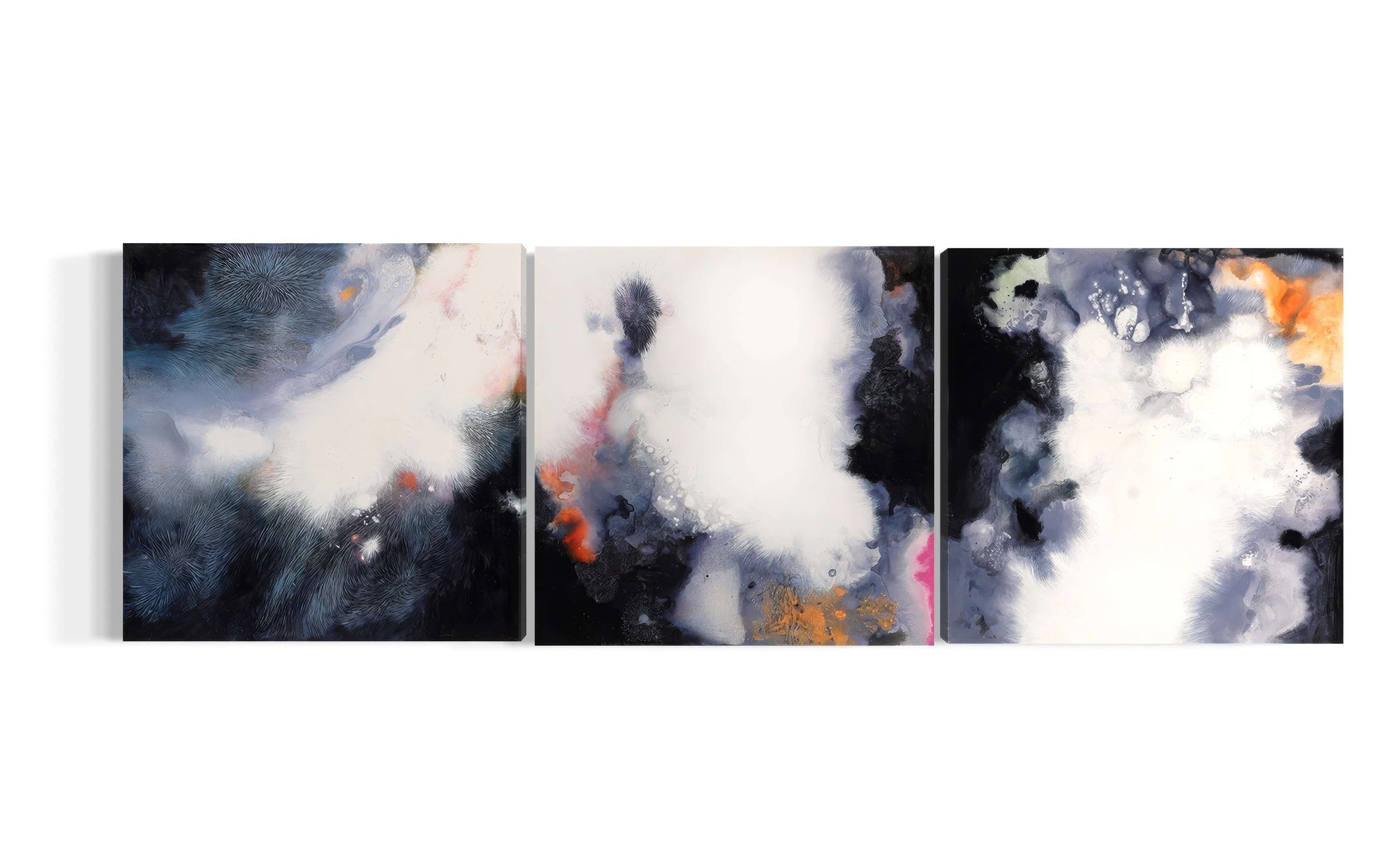 Abstract expressionist triptych artwork in dark tones with vibrant colors, inspired by nature, by Thai artist Supmanee Chaisansuk.