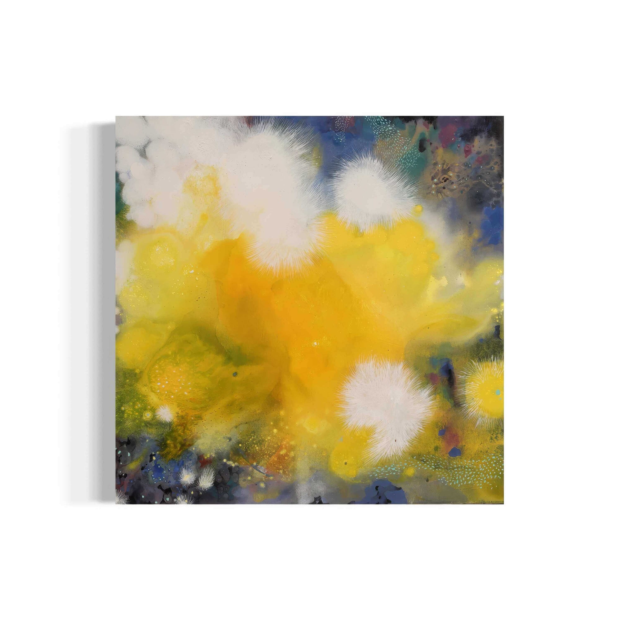 Abstract expressionist artwork featuring yellow and white textures by Supmanee Chaisansuk, 2020, acrylic on canvas.