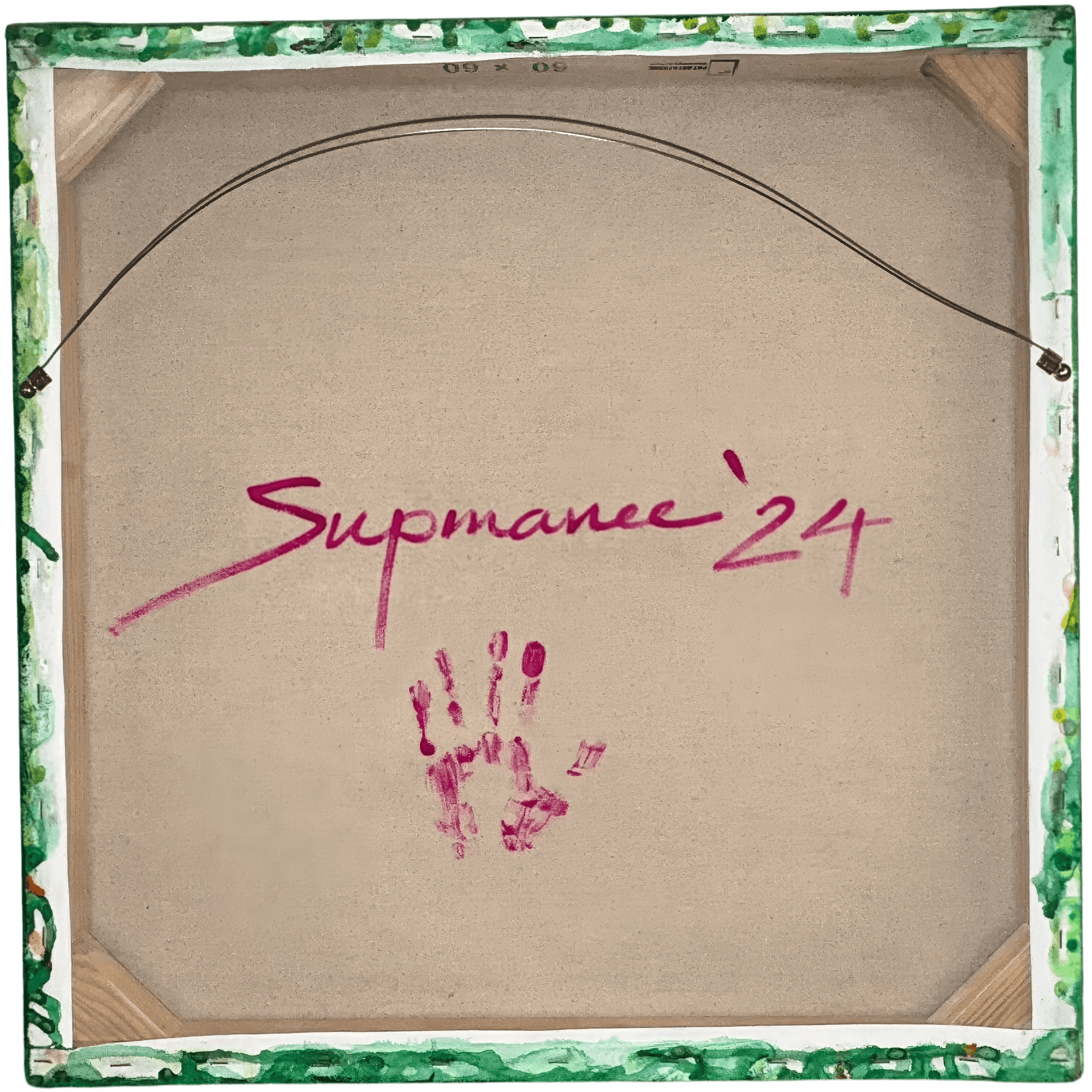 Signature and handprint of artist Supmanee Chaisansuk on the back of an artwork, dated 2024.