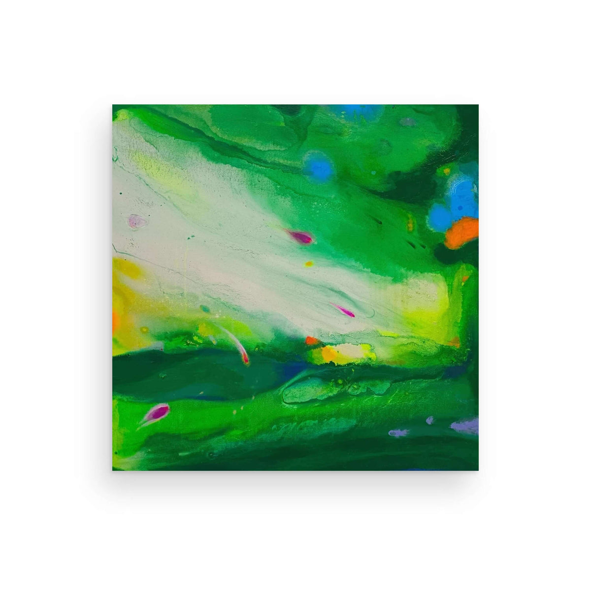Vibrant abstract artwork with dynamic brushwork in bright green and colorful streaks, showcasing energy and fluidity.