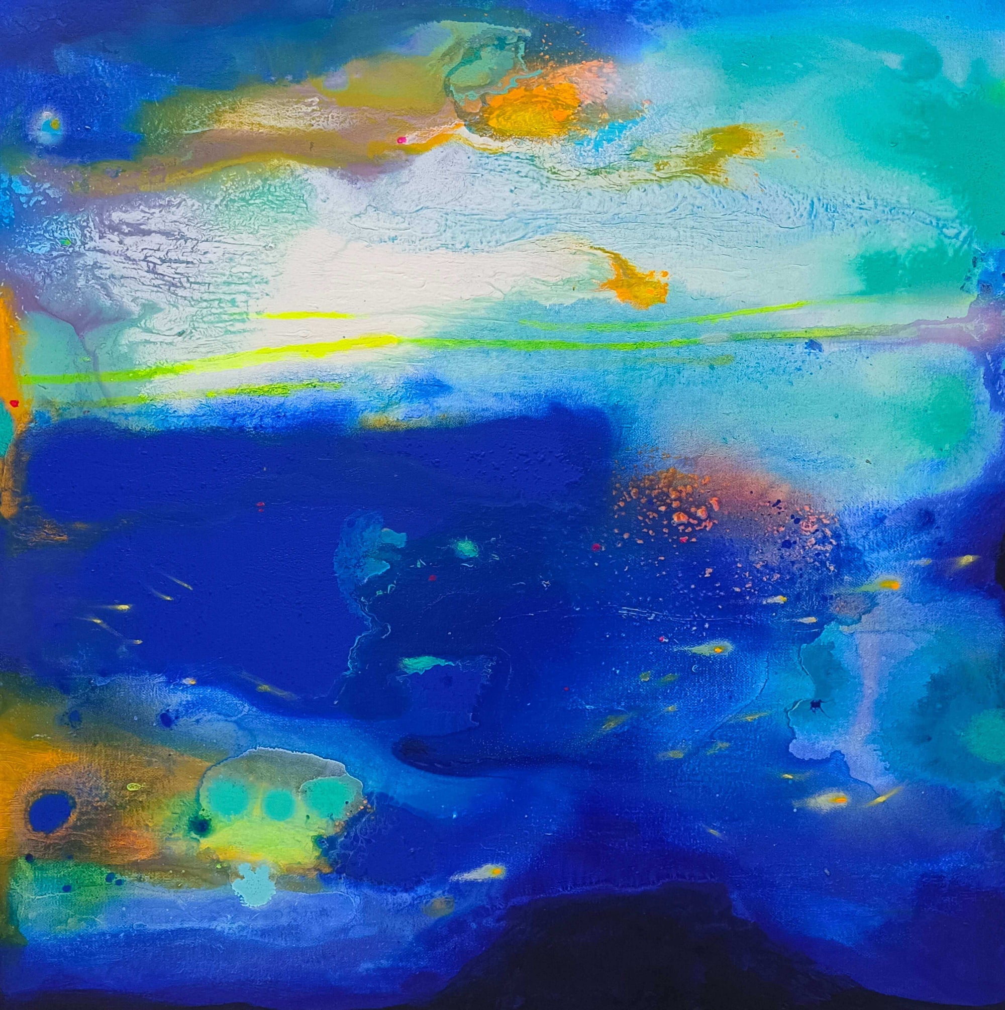 Abstract painting titled 'The Lake in the Sky' by Supmanee Chaisansuk, featuring bright blues and greens with a meditative composition.