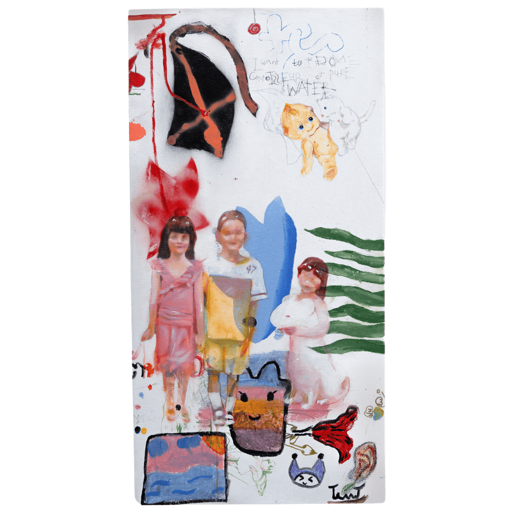 Abstract surrealist painting by Yasy Bachurina featuring children and whimsical elements, titled 'Connoisseur of Pure Water'.