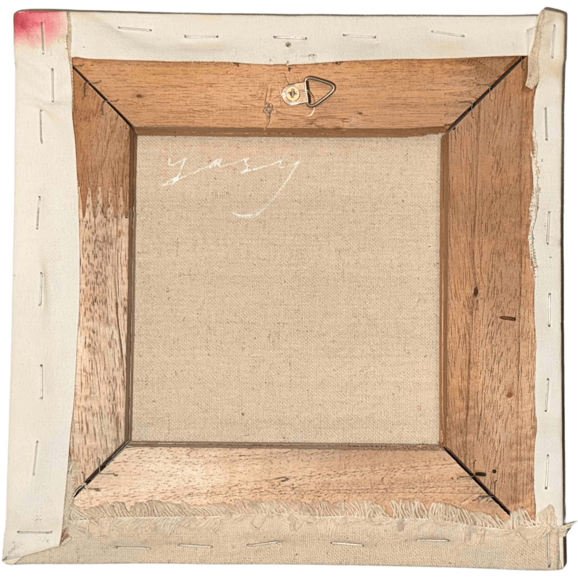 Back view of an unframed abstract painting by artist Yasy Bachurina, featuring a wooden frame and hanging hardware.