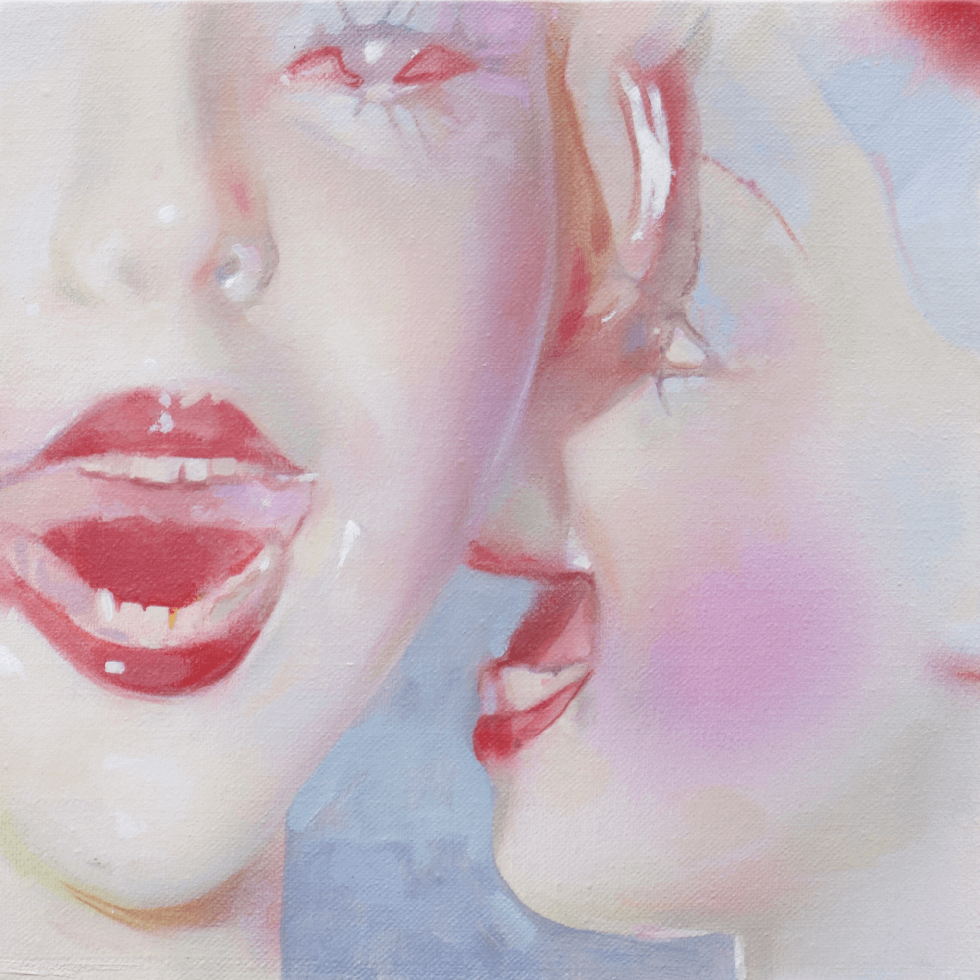 Abstract painting featuring two expressive faces, one whispering, showcasing a surreal emotional connection.