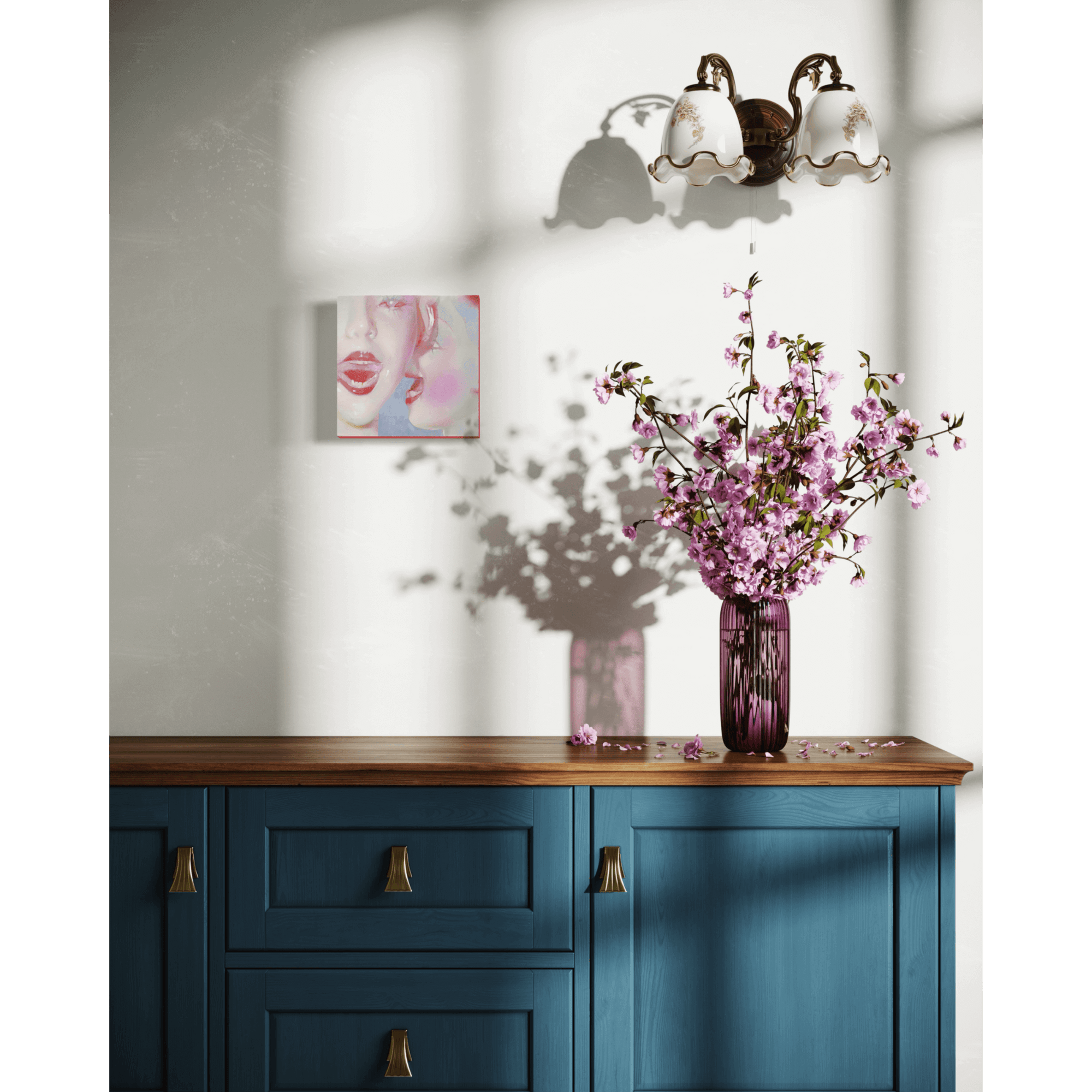 Living room decor featuring a blue cabinet, pink flower vase, and abstract artwork by Yasy Bachurina.