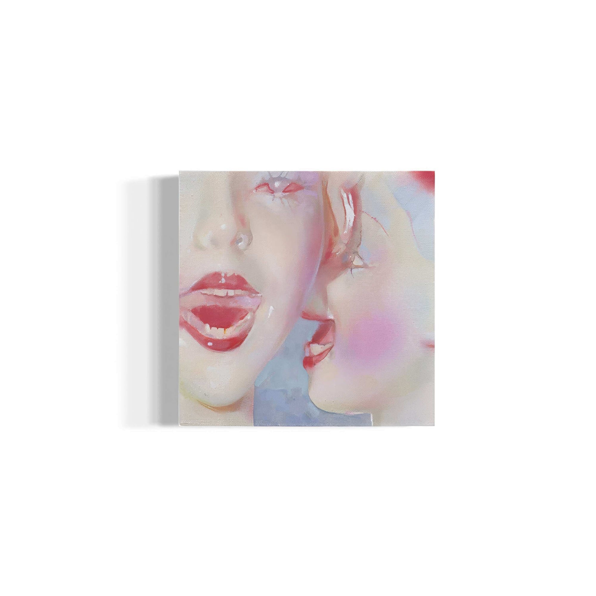 Abstract surrealism painting 'Whispering' by Yasy Bachurina, depicting two stylized faces in soft colors.