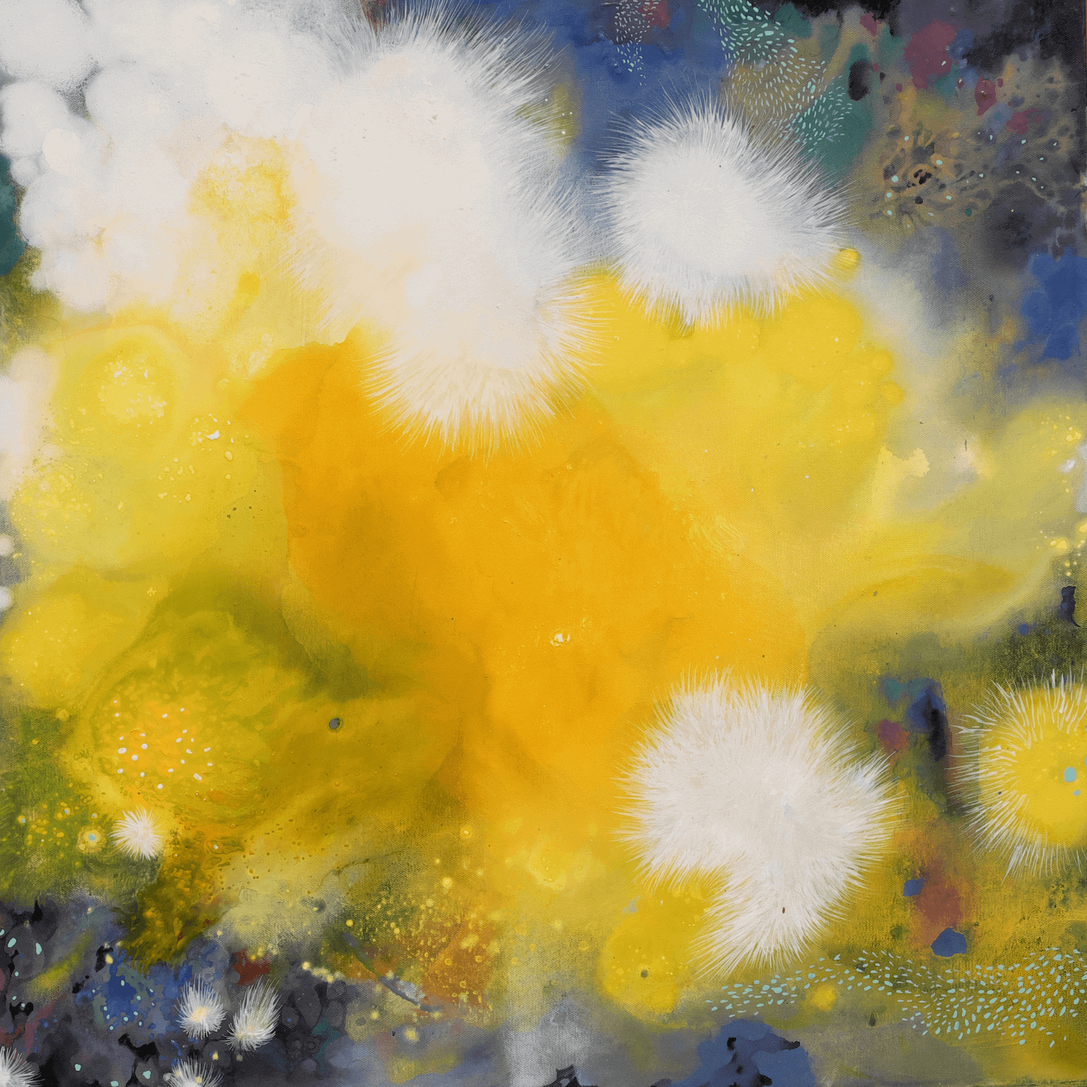 Abstract expressionist painting featuring yellow and white fur-like textures on a dark background by Thai artist Supmanee Chaisansuk.