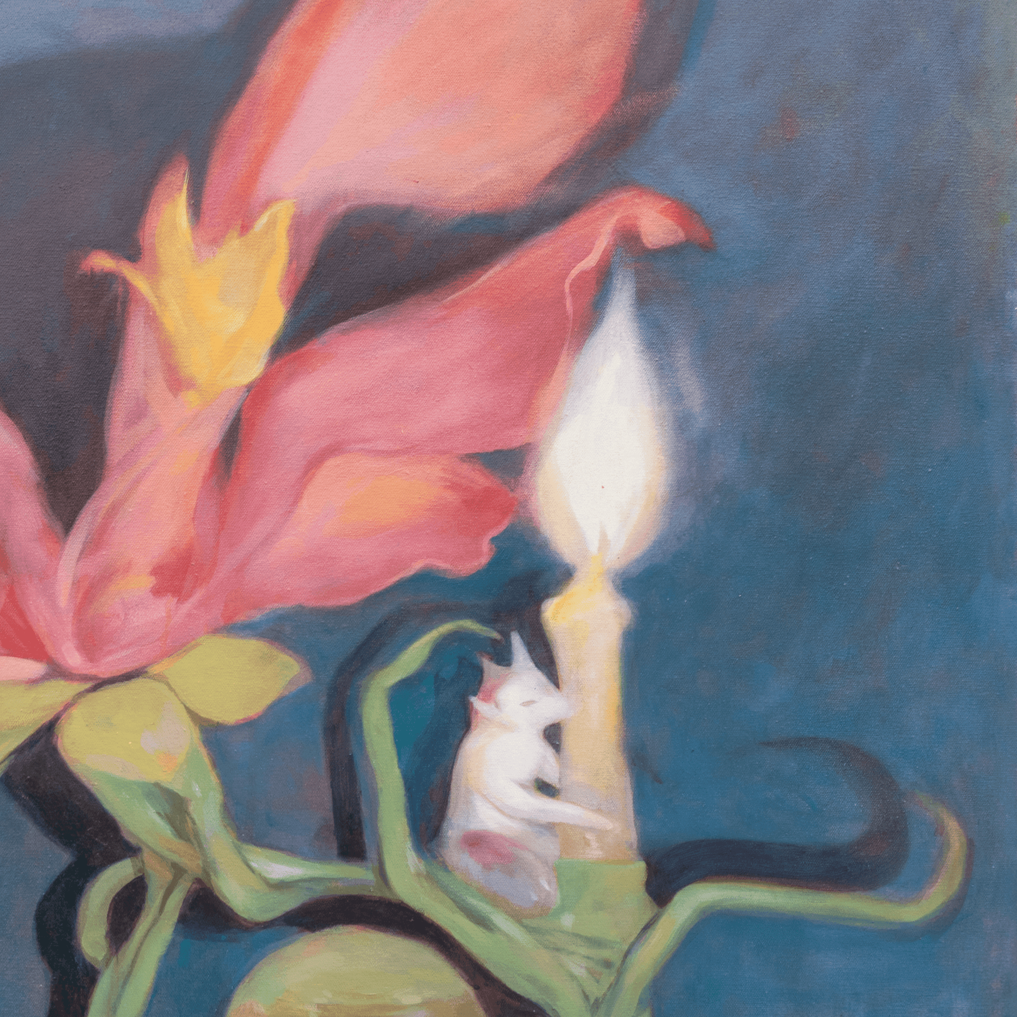 Abstract surrealist painting featuring a white mouse beside a candle and vibrant flowers on a blue background.