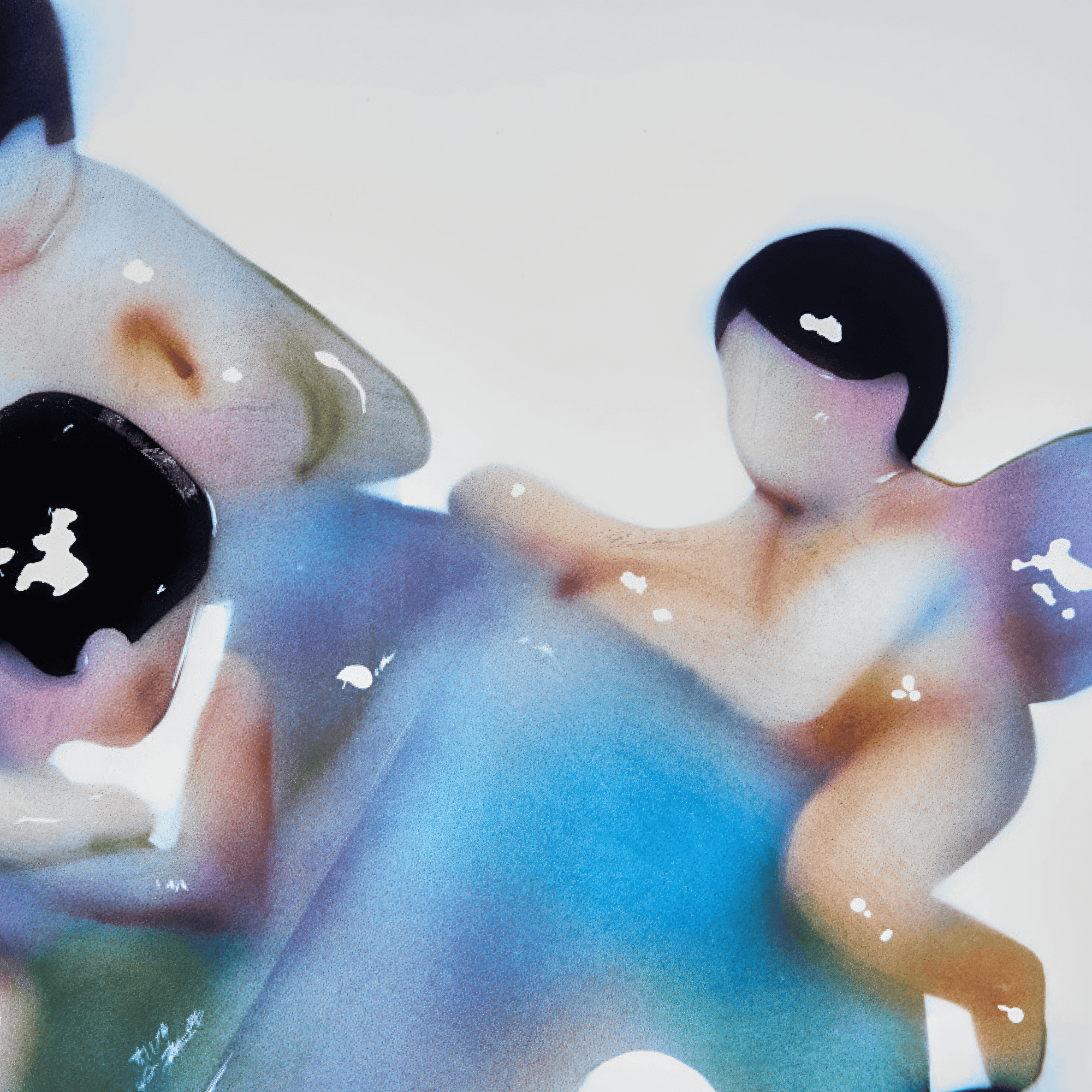 Abstract mixed media artwork featuring colorful, playful figures in a surreal composition.