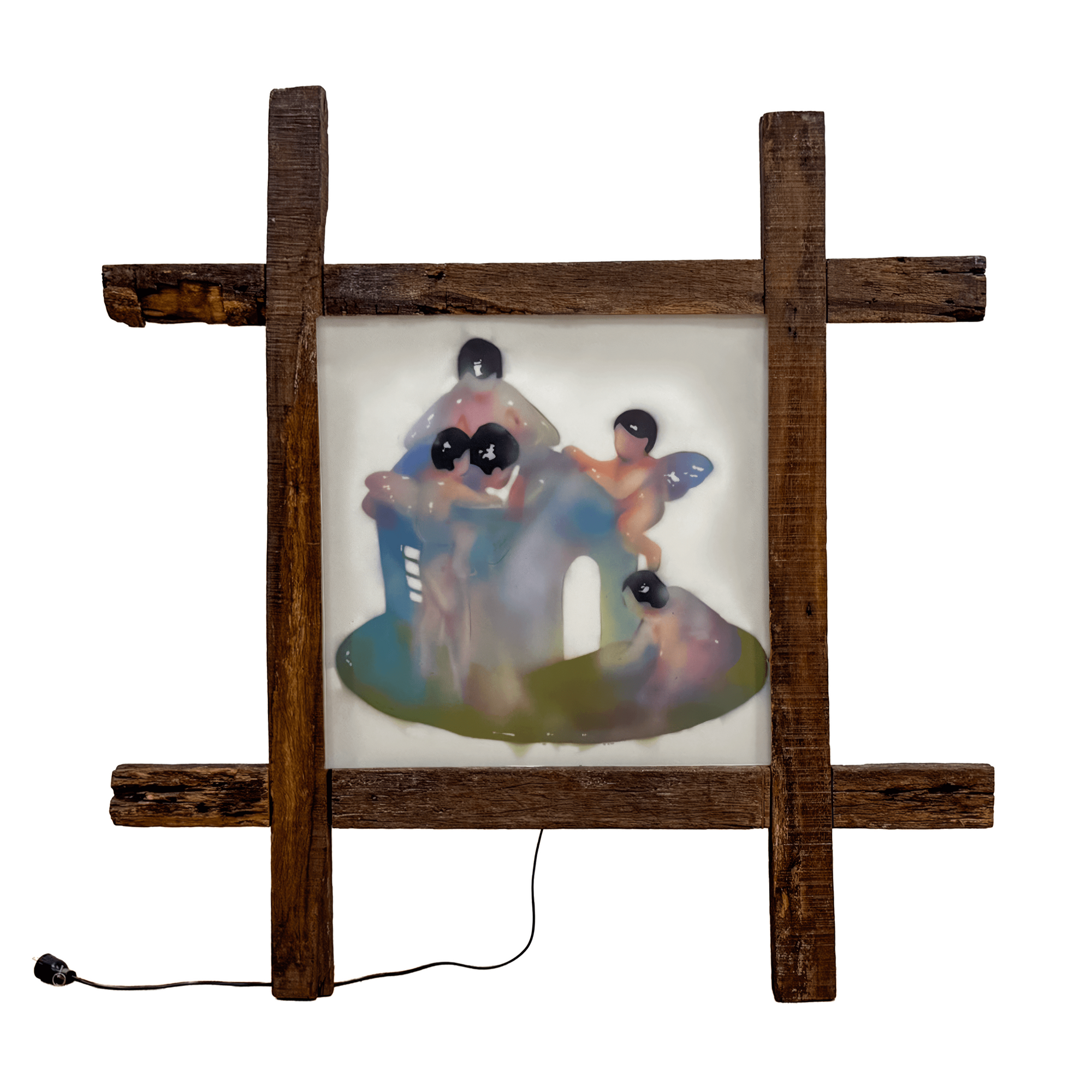 Abstract mixed media artwork 'Lighthouse' by Yasy Bachurina, featuring integrated light source and wooden frame.