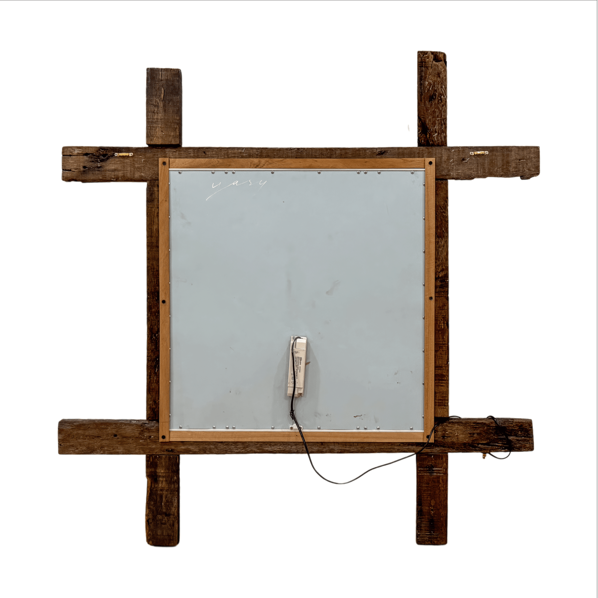 Back view of Yasy Bachurina's mixed media artwork, showcasing the handmade wooden frame and integrated light source.