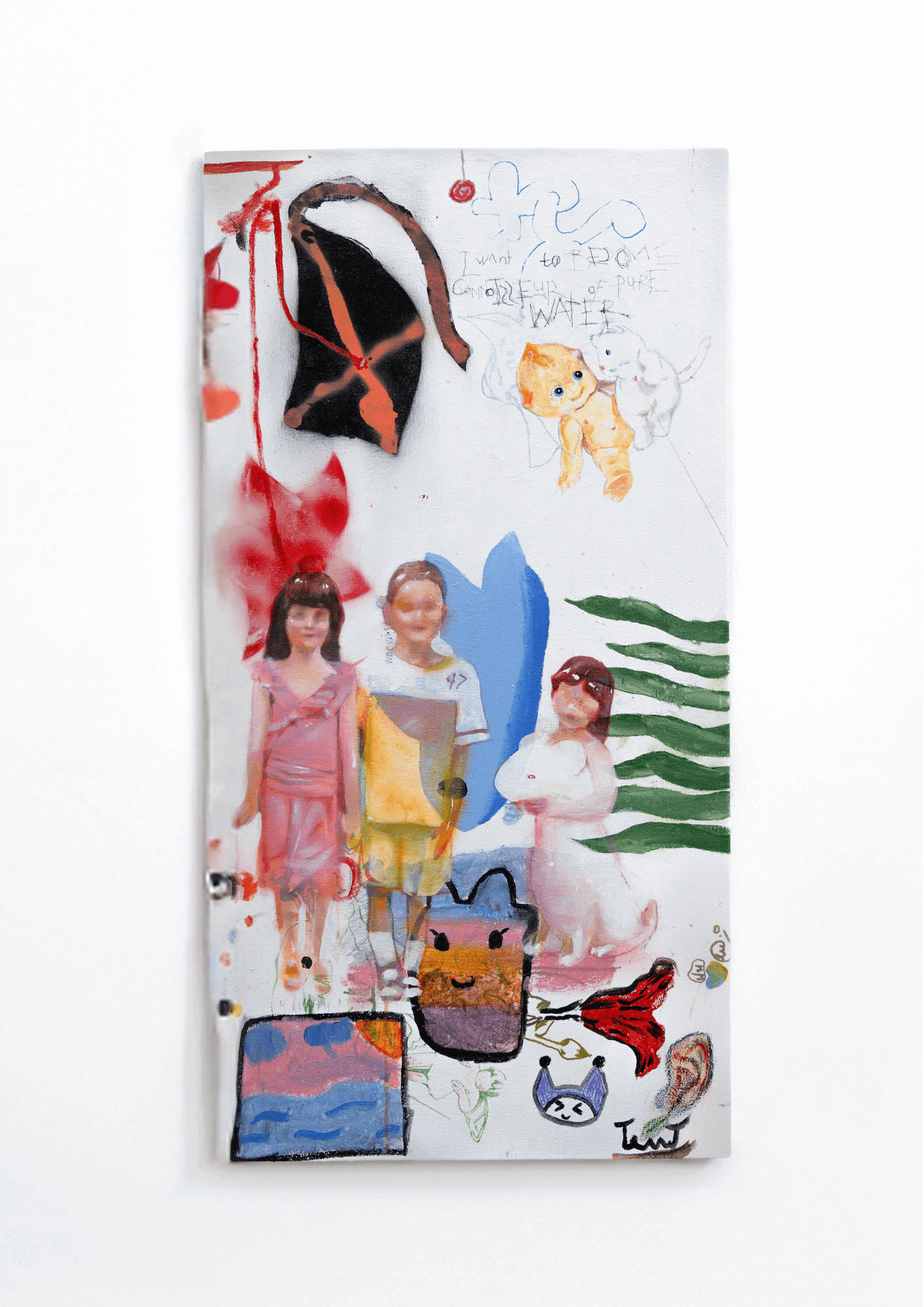 Abstract surreal painting by Yasy Bachurina featuring children, symbols, and vibrant colours, titled "When I Grow Up I Will Become a Connoisseur of Pure Water."