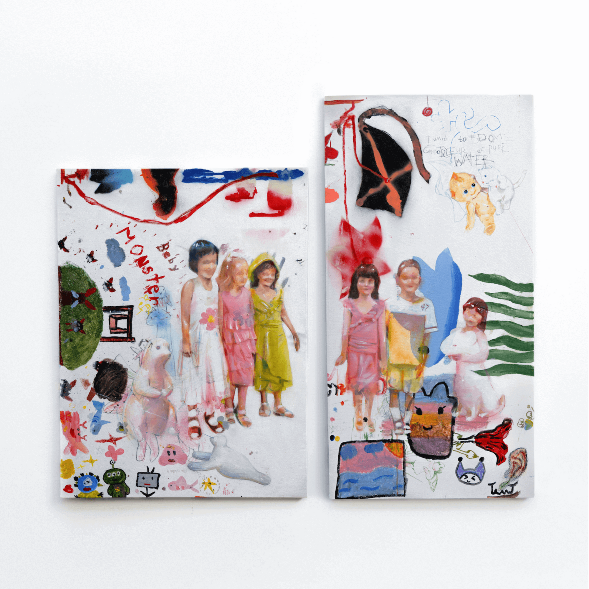 Abstract painting featuring children with vibrant colors and playful doodles, blending artistic expression with childhood innocence.