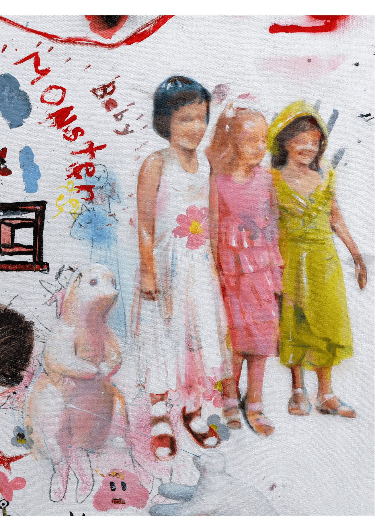 Abstract painting by Yasy Bachurina, featuring three children in colourful dresses, surrounded by playful and surreal elements.