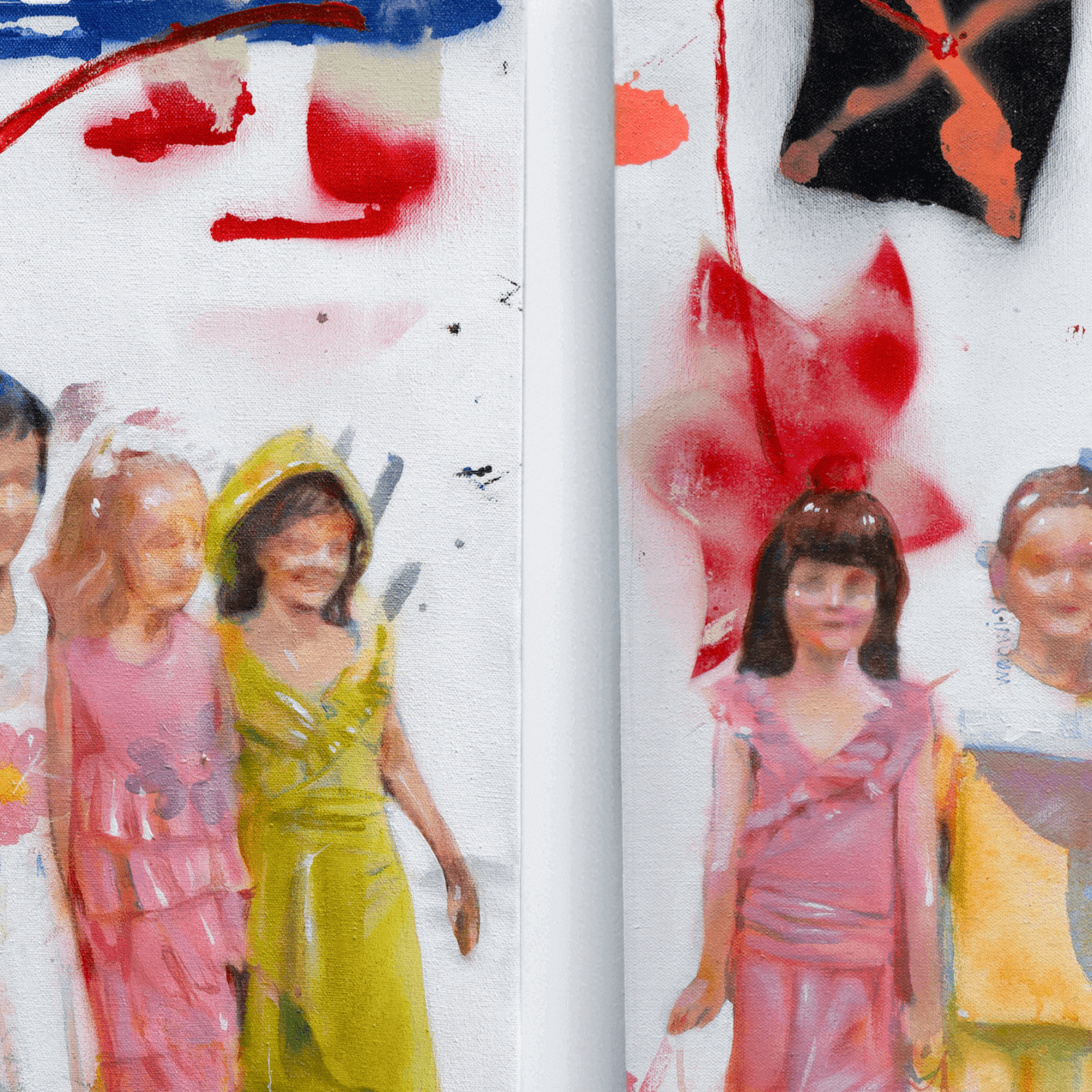 Abstract surreal painting with children, vibrant colours, explores memories and creativity by artist Yasy Bachurina, 2024.