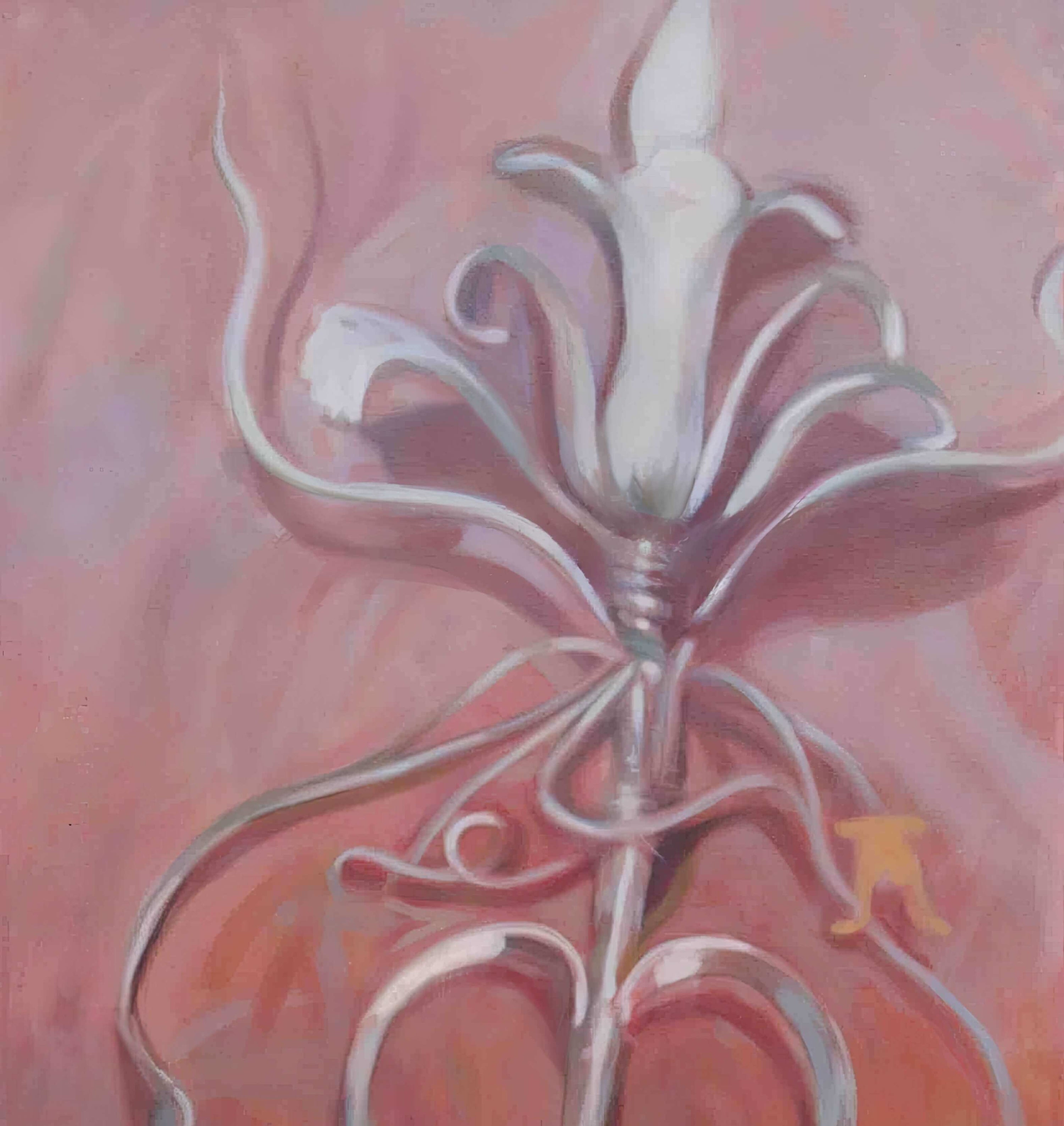 Abstract floral sculpture with swirling metallic elements on a pink background, showcasing artistic design and creativity.