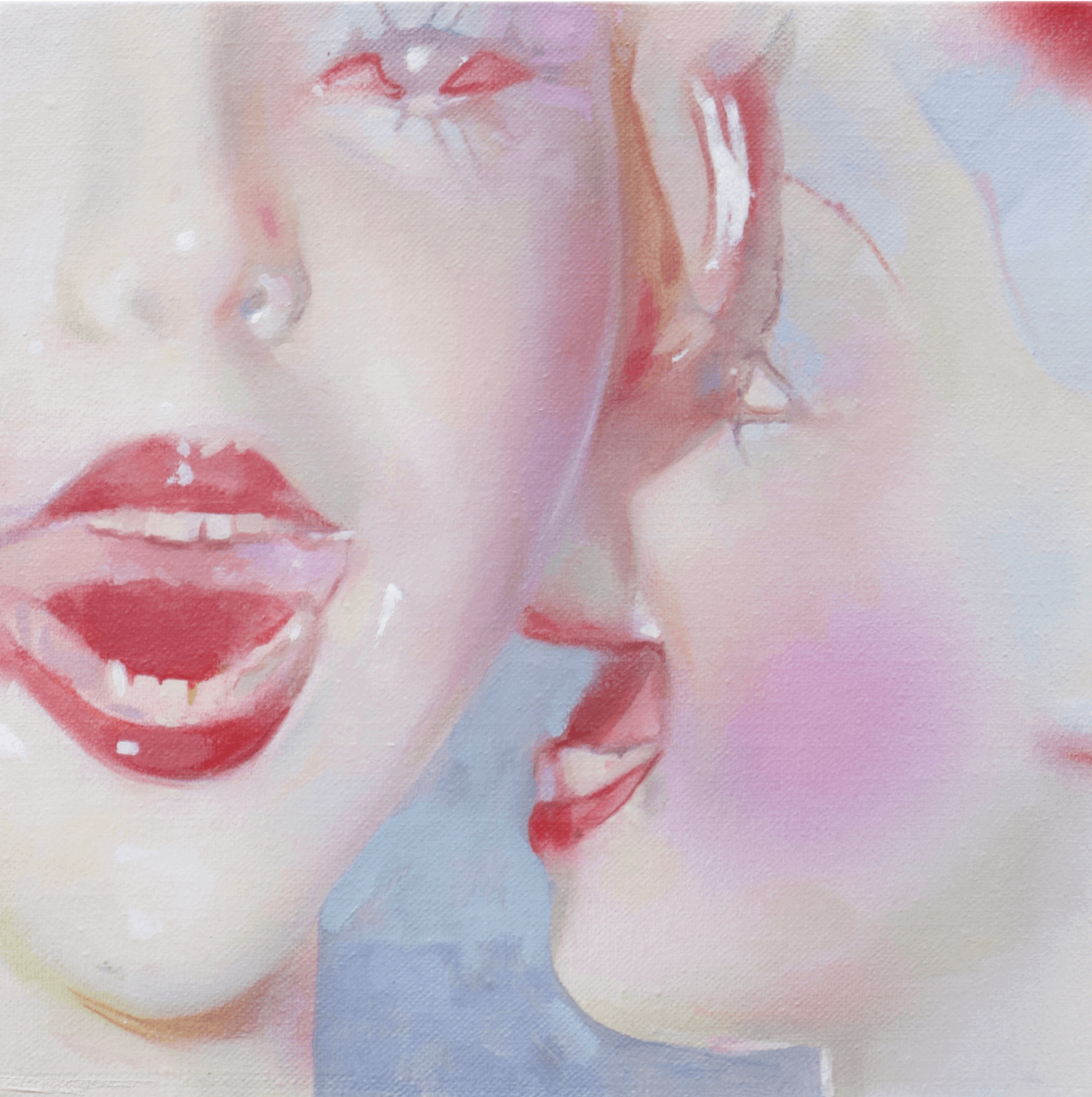 Abstract painting of two faces, one whispering into the ear of the other, with soft pink and pale blue tones.