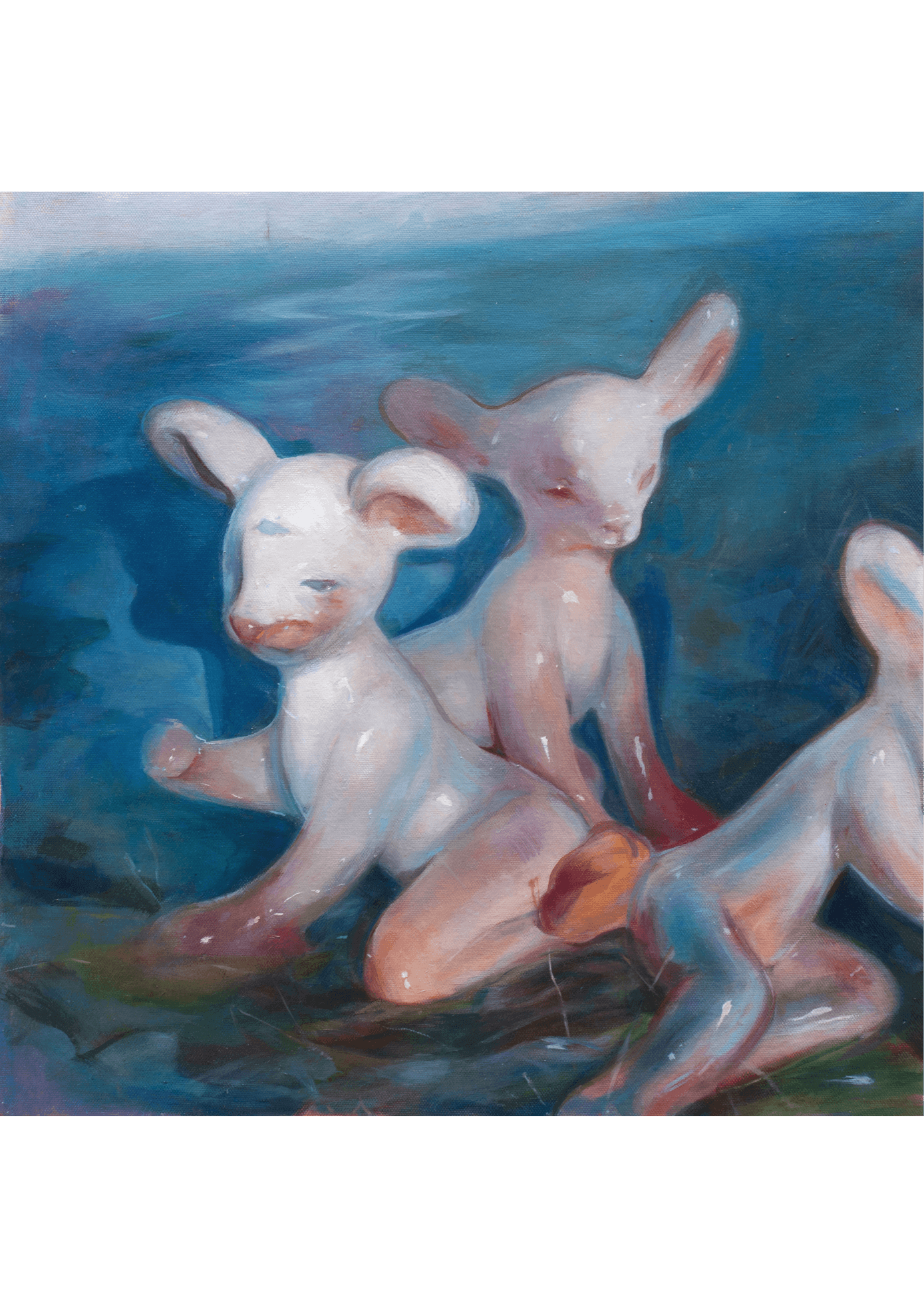 Abstract painting of three white lambs sitting on a blue and green background.