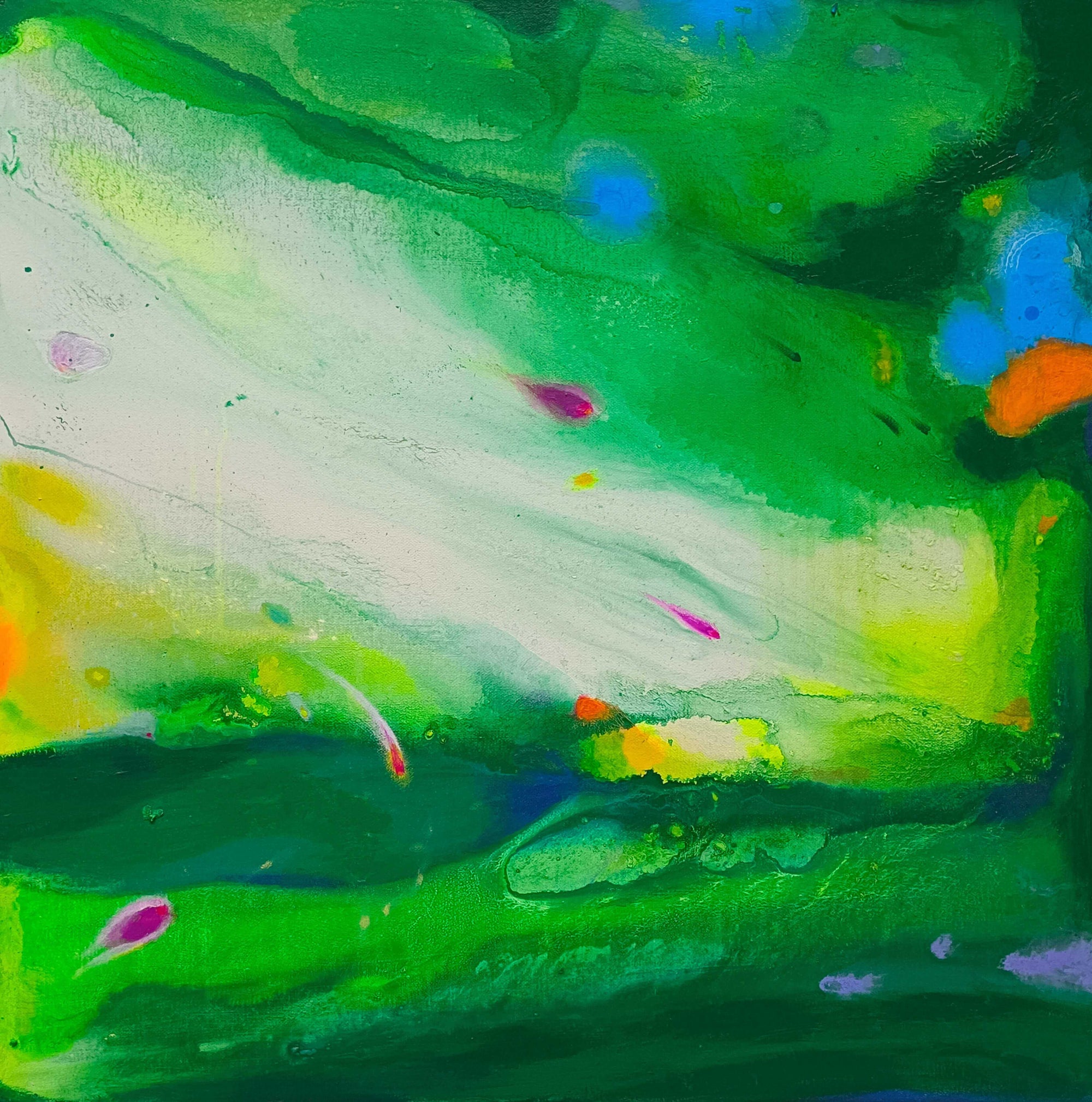 Abstract painting featuring vibrant greens and splashes of color, showcasing dynamic brushwork and a sense of movement.