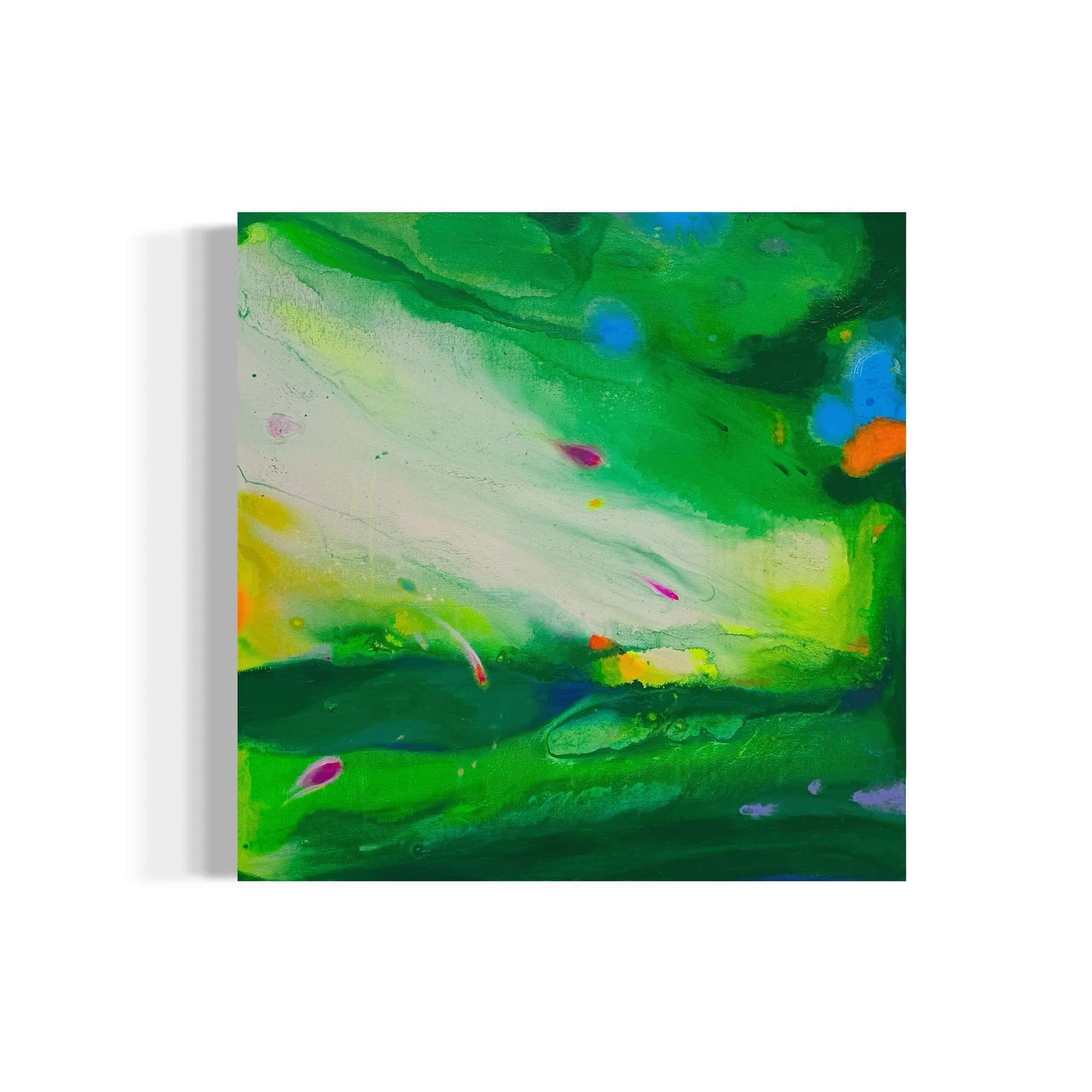 Vibrant abstract artwork with dynamic brushwork in bright green and colorful streaks, showcasing energy and fluidity.