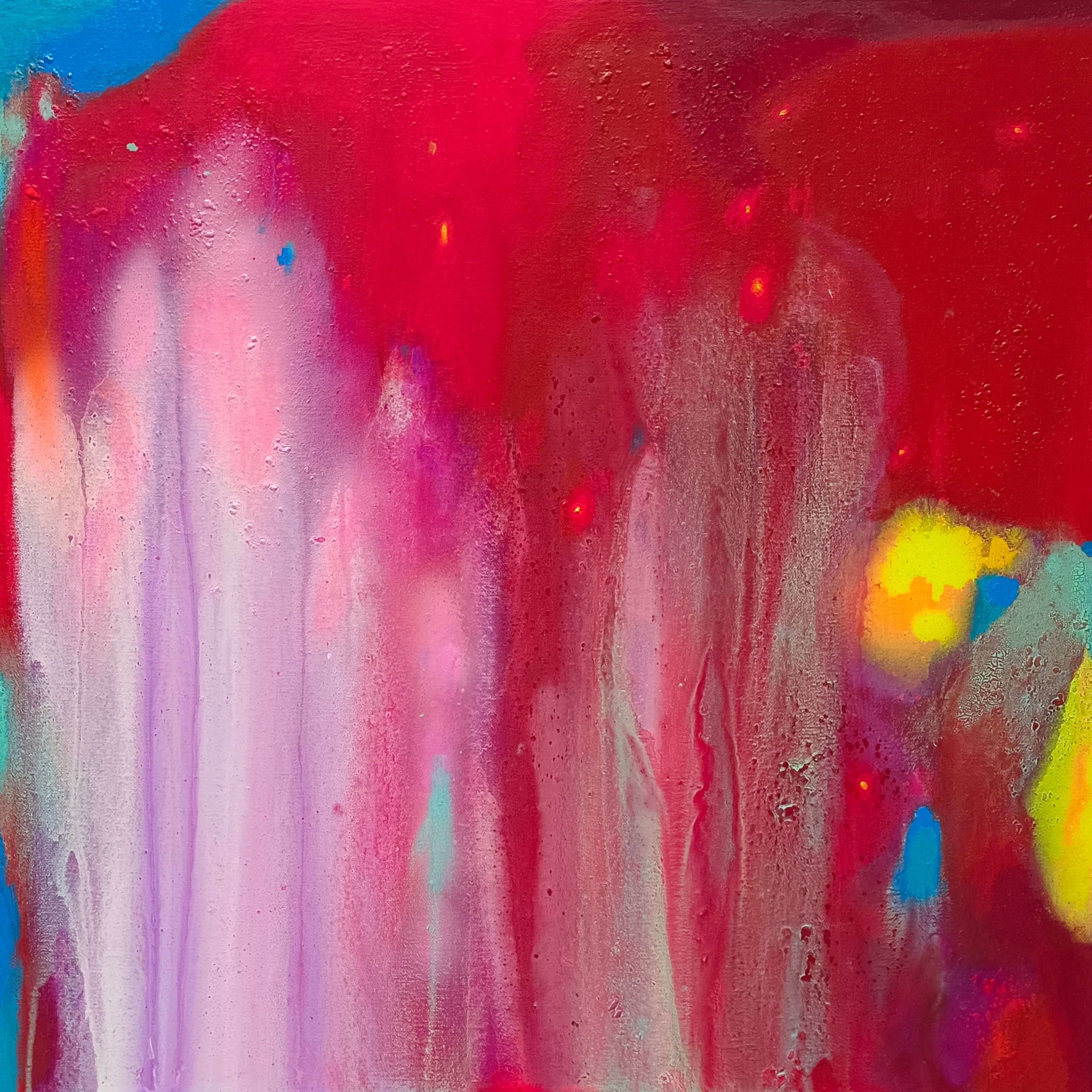 Abstract artwork titled 'The Fountain' by Supmanee Chaisansuk, featuring vibrant red, pink, and blue colors.
