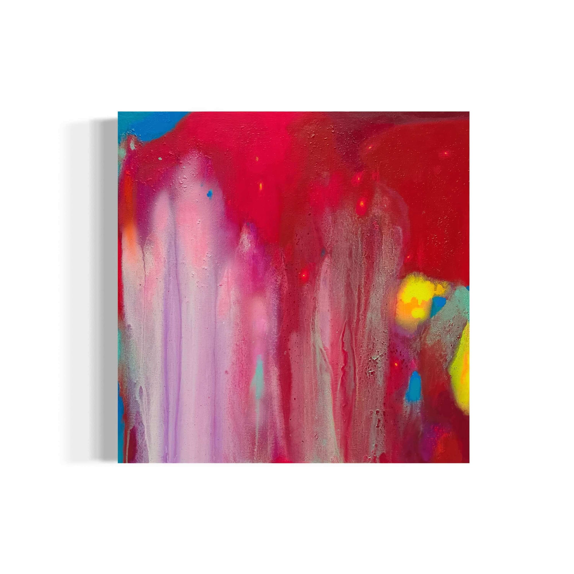 Abstract painting 'The Fountain' by Supmanee Chaisansuk with vibrant red and pink color fields, 60x60 cm.