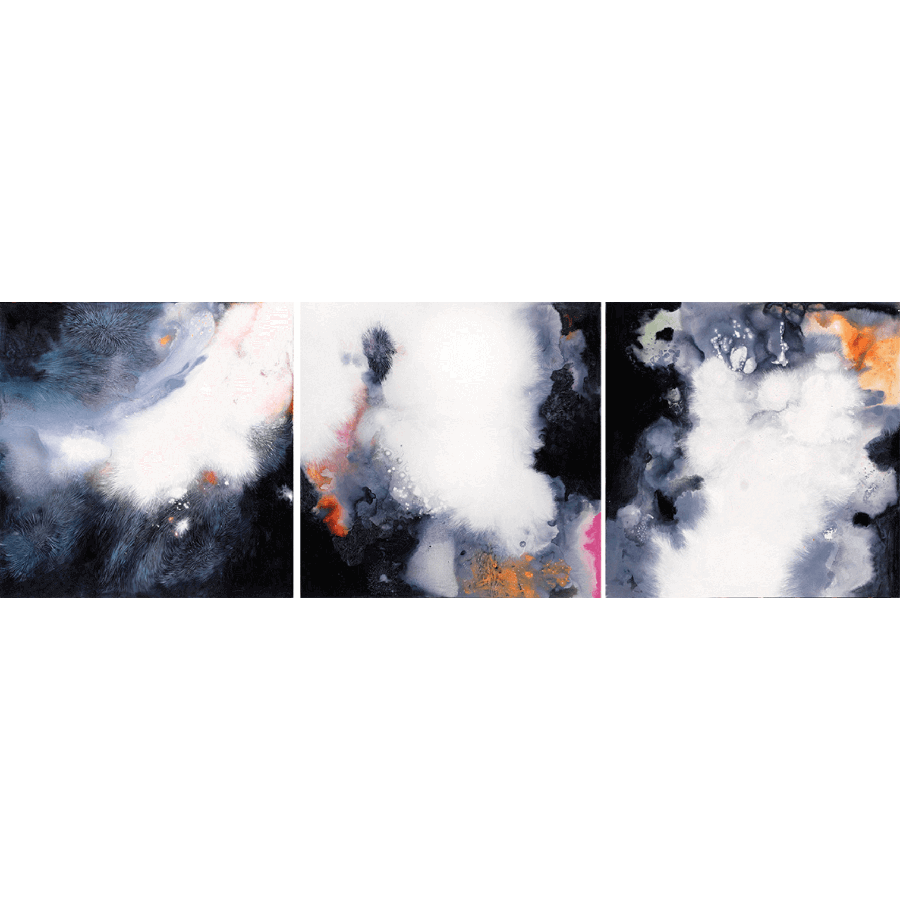 Abstract expressionist triptych artwork in shades of black, white, and orange by Supmanee Chaisansuk, ready to hang.