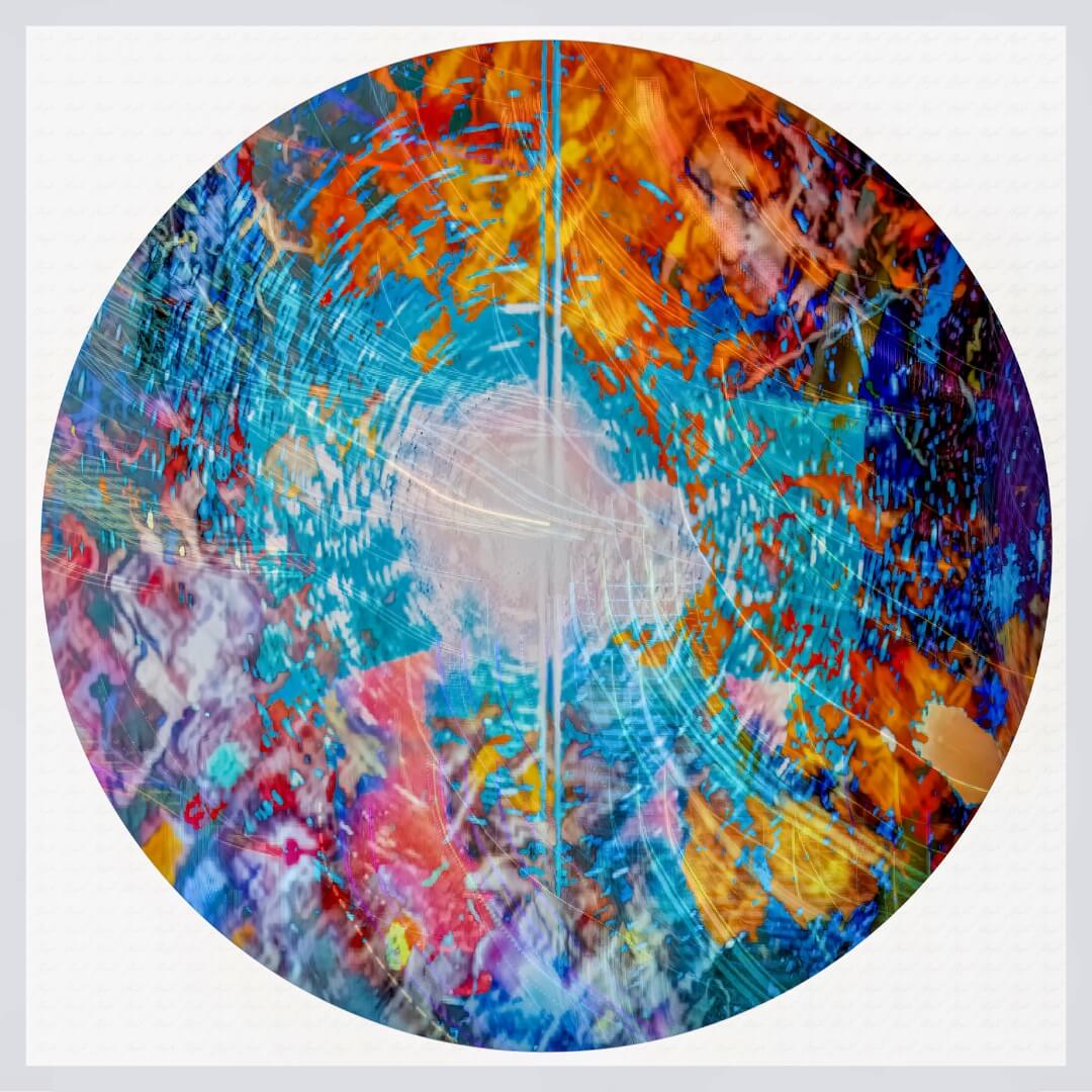 Serenity is a captivating self-portrait featuring colourful patterns in a circular area created through digital and analog photographic techniques. The artwork is a beautiful example of experimentation in photographic processes, techniques, and presentation methods. #CameraAsBrush