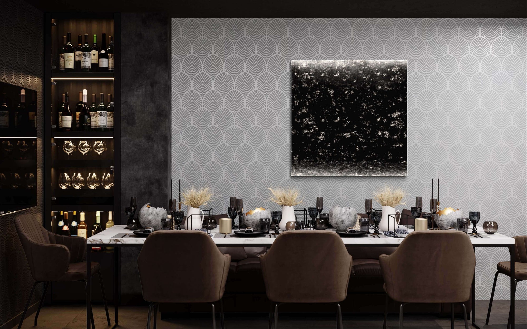 Elegant dining room with a modern table setting and abstract artwork on the wall, featuring plush chairs and a stylish bar.