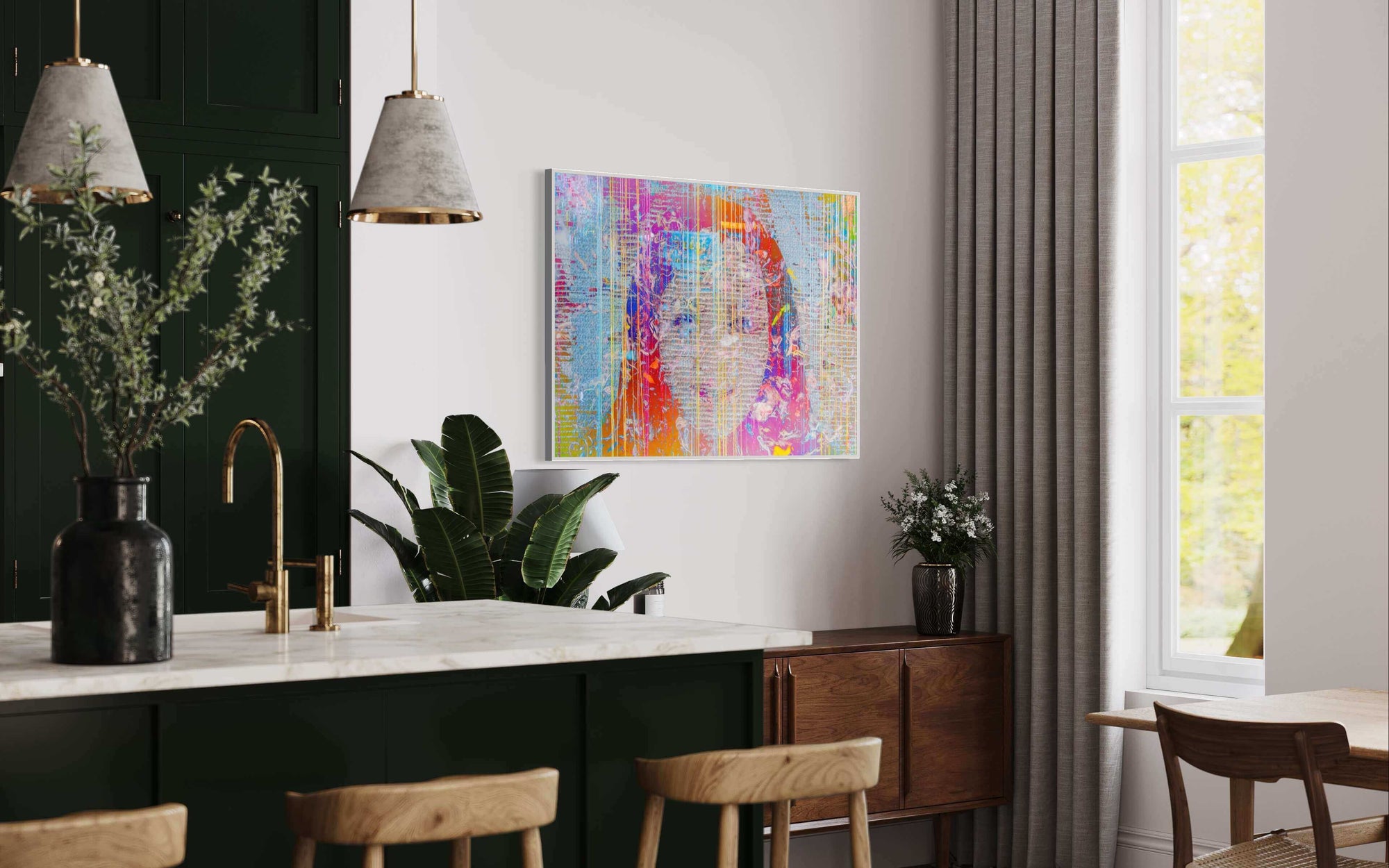 Modern kitchen with colourful abstract painting on wall.