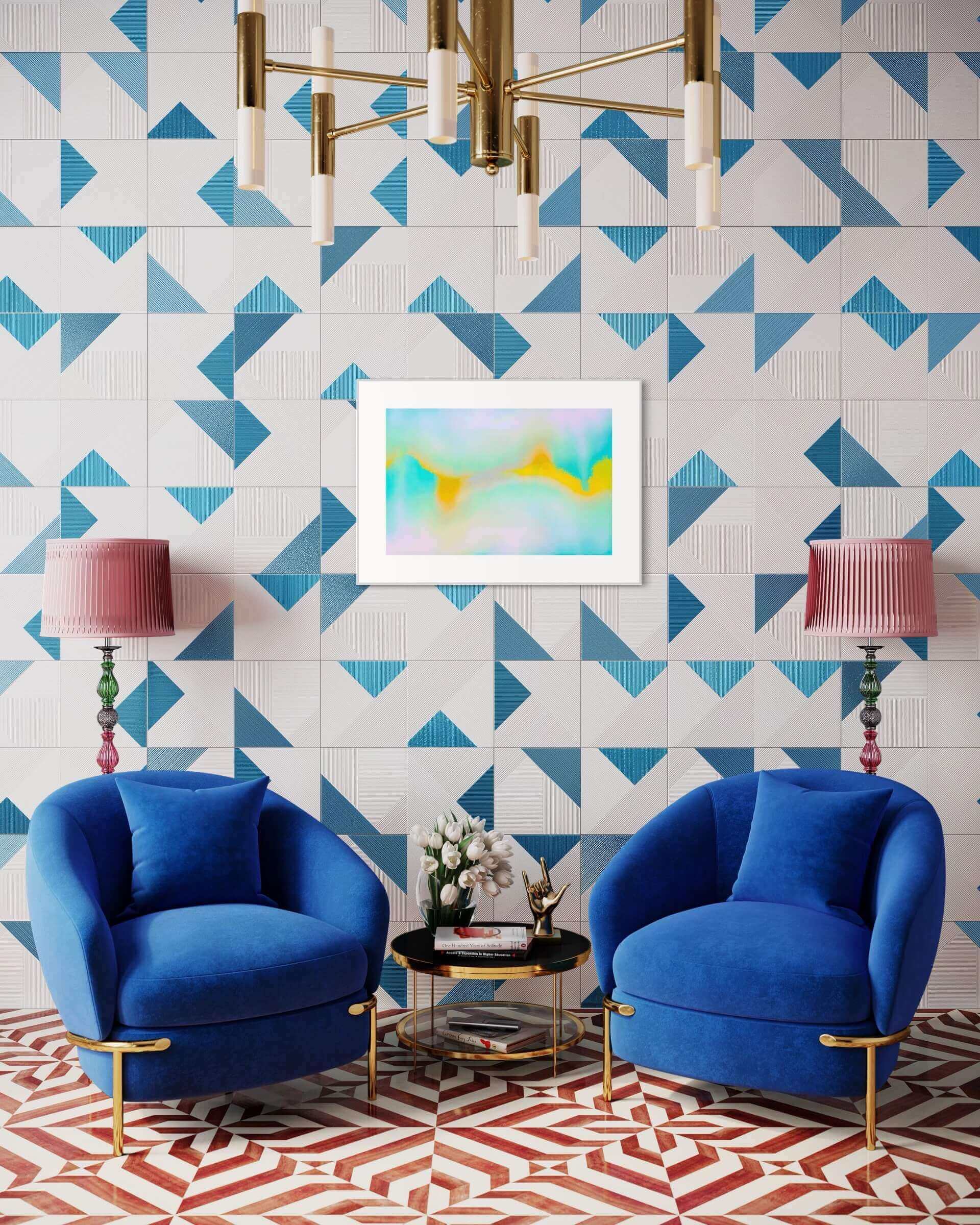 Contemporary living room with abstract art, blue chairs, and patterned wall design, showcasing Serotonin Wave I by Bryce.