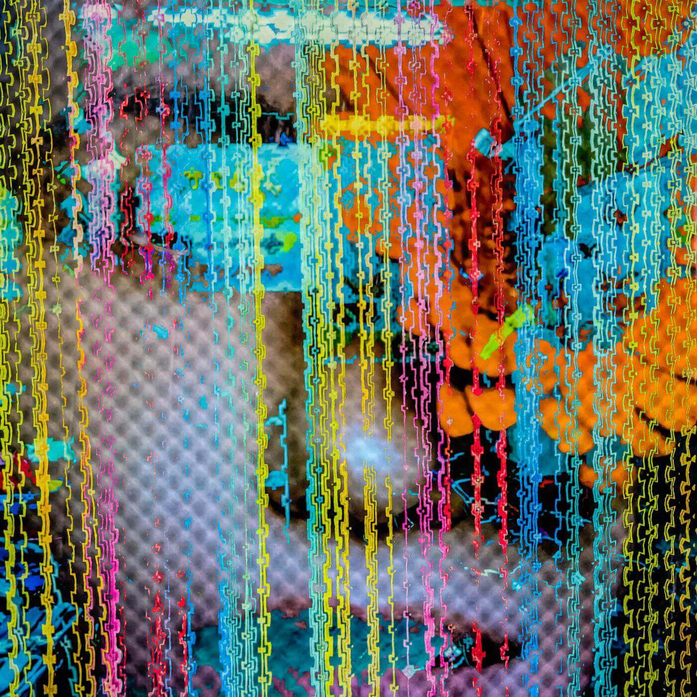 Vibrant abstract portrait artwork 'Interference Portrait 4' by Bryce Watanasoponwong, featuring experimental colors and patterns.