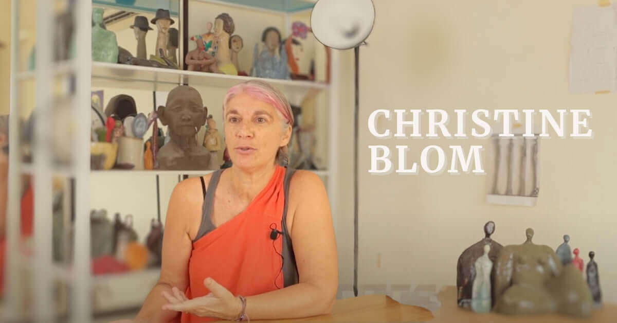 Christine Blom speaks about her nomadic lifestyle and art creation, surrounded by her sculptures in a bright studio.