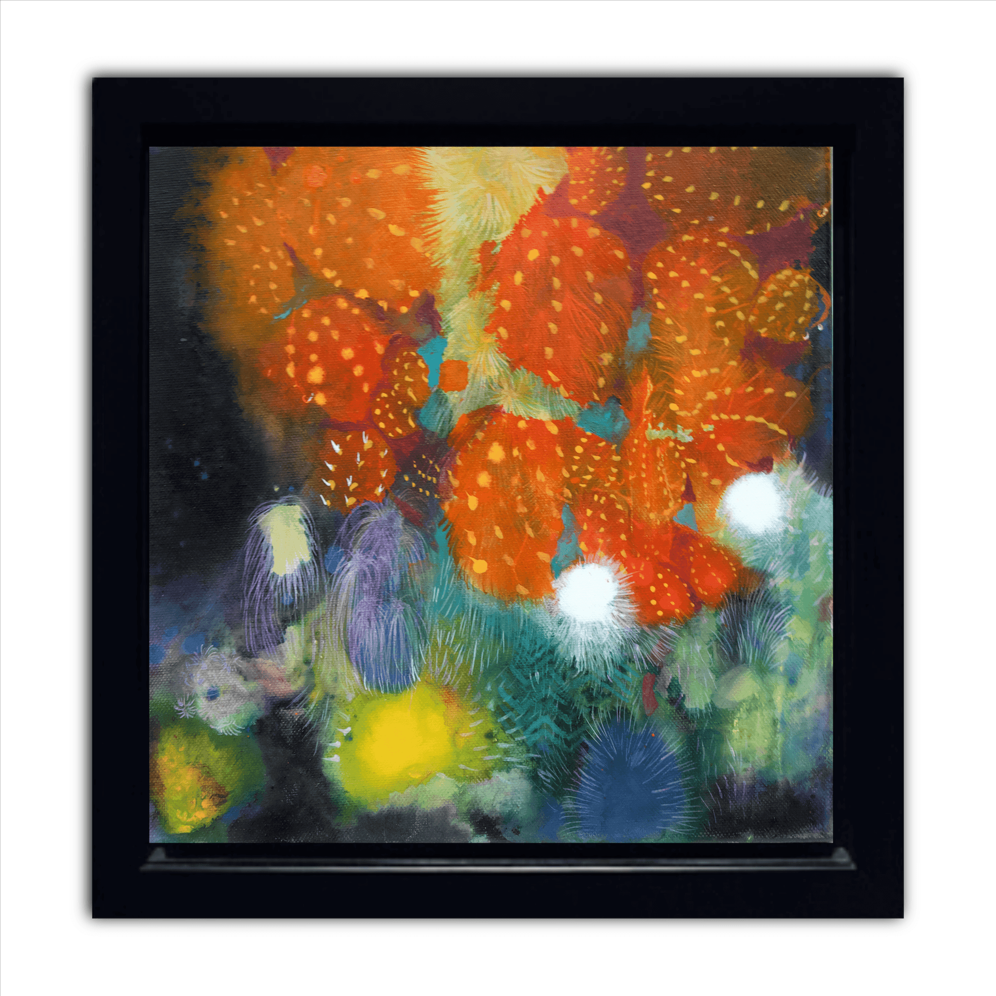 Colorful abstract artwork with orange and blue floral patterns, framed in black, titled Softness 01, 2020.