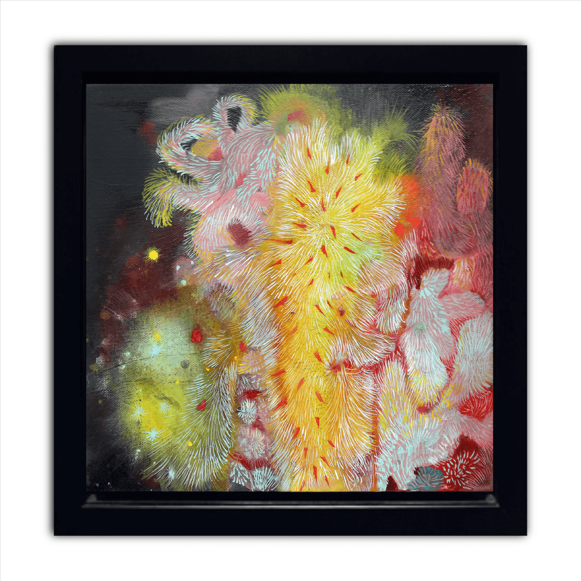 Abstract artwork titled Softness 02, 2020 featuring vibrant colors and intricate textures within a framed display.