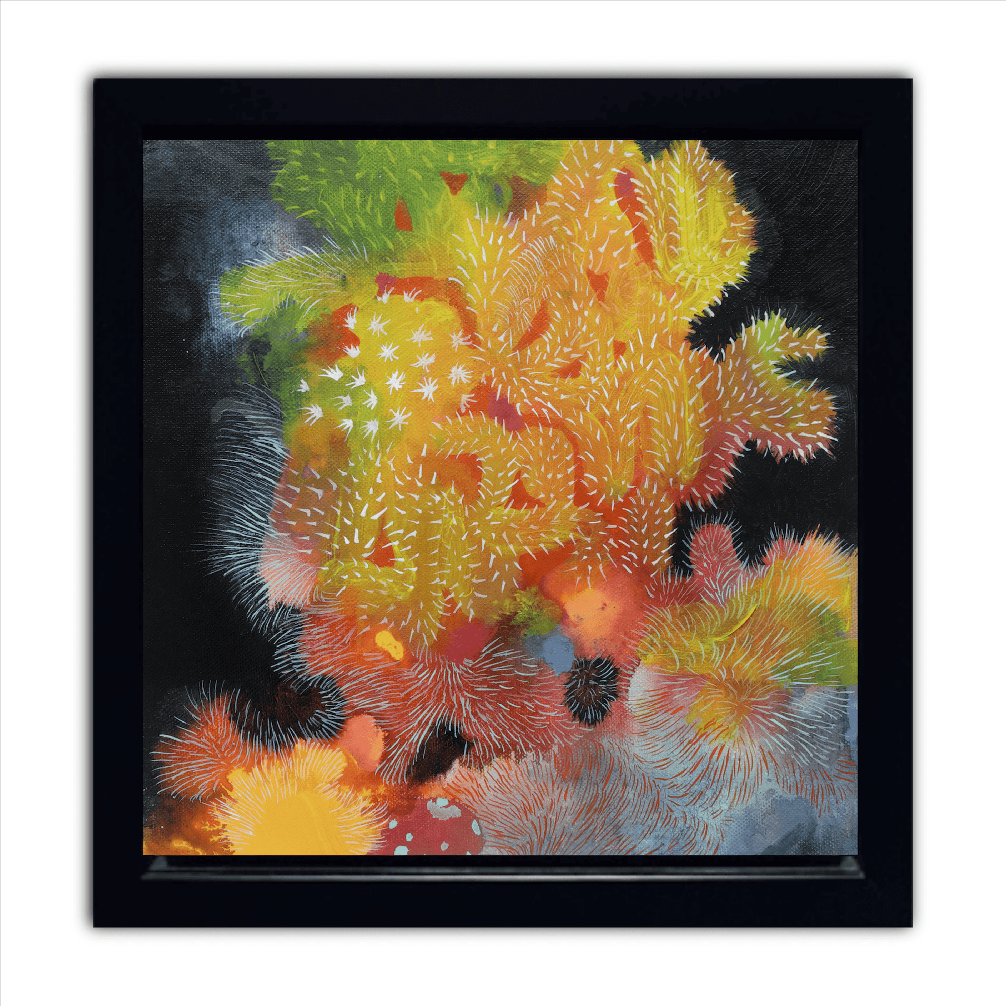 Colorful abstract art piece featuring vibrant greens, yellows, and reds, framed elegantly.