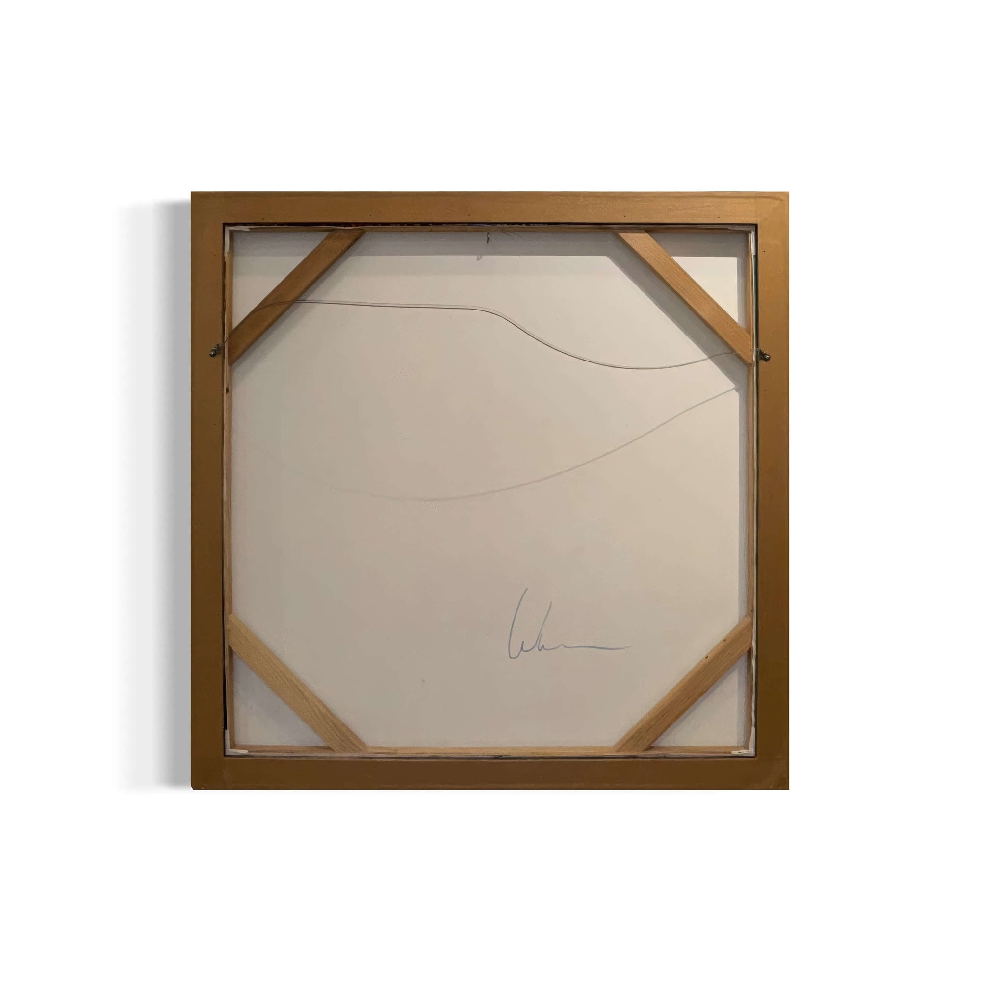 Back view of 'Interference Portrait 1', framed in solid teak wood, showcasing artist's signature and backing details.