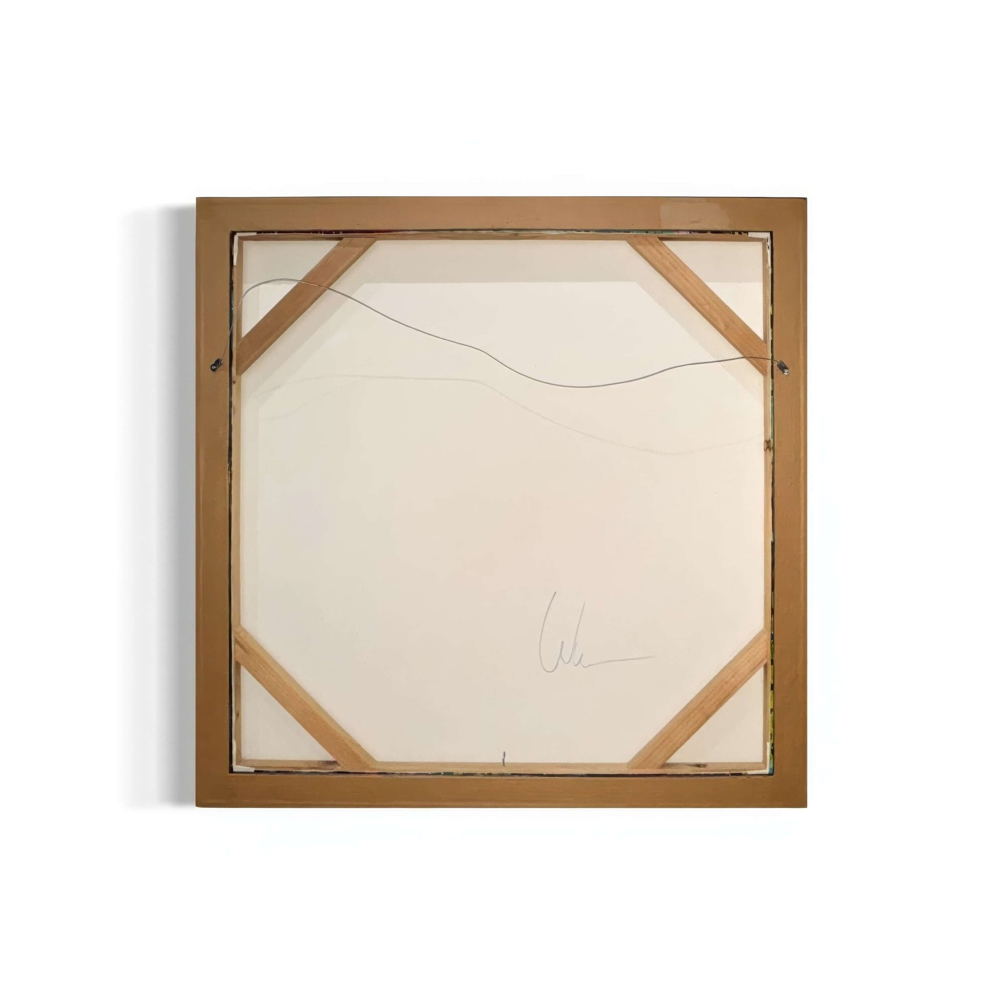 Back view of framed Interference Portrait 4 by Bryce Watanasoponwong, showcasing signature and solid teak wood.