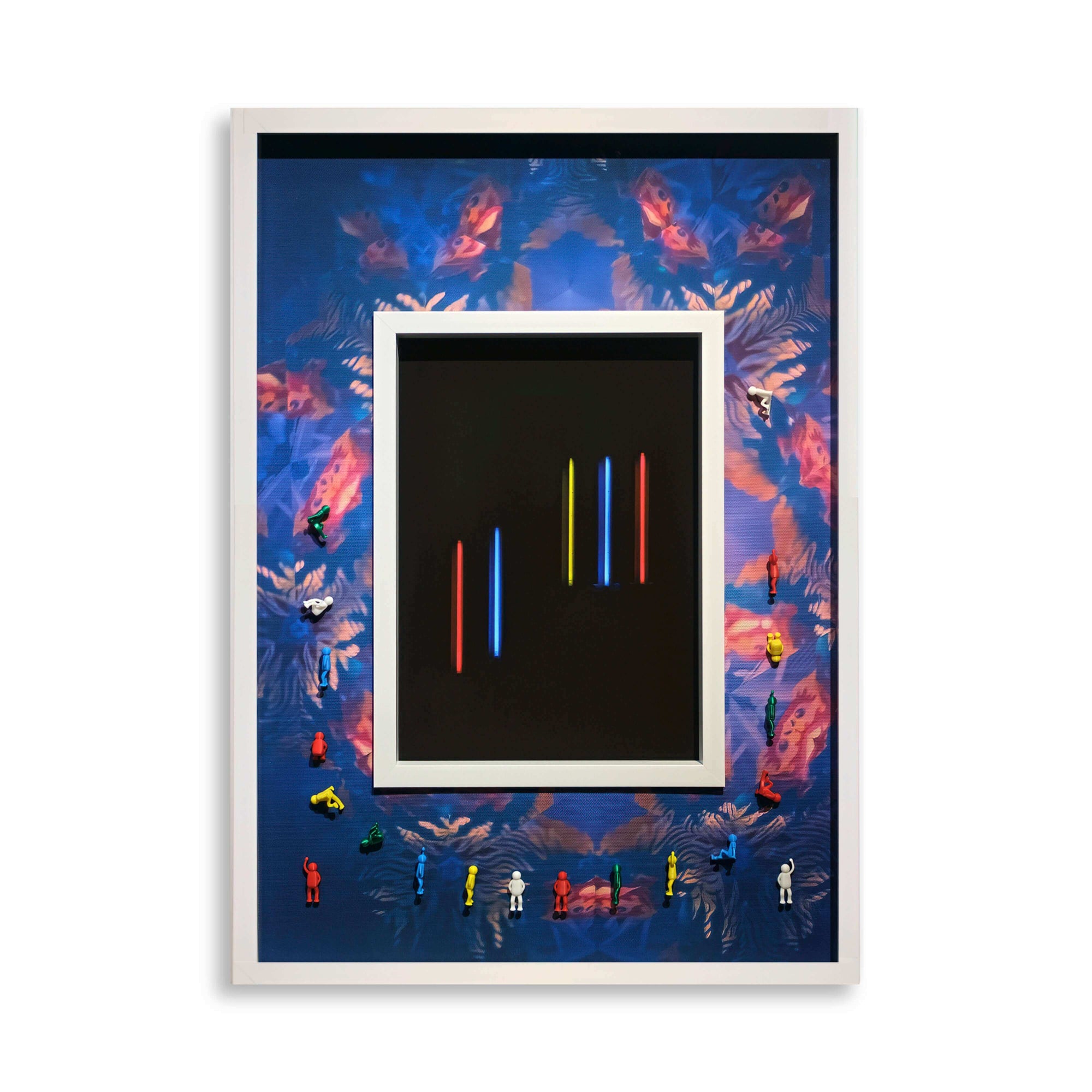 Art display featuring vibrant light bars and colorful figurines on a stylish blue background.