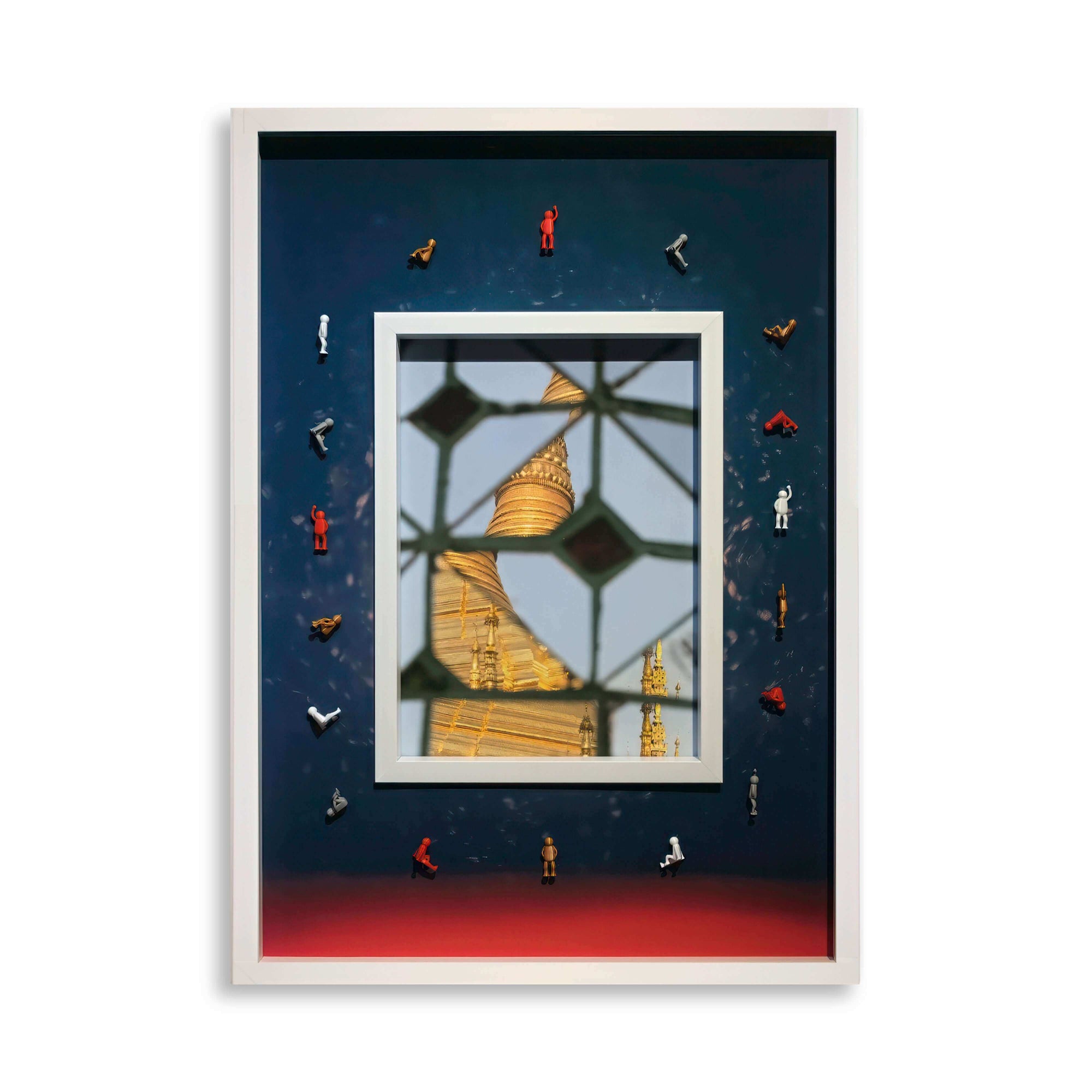 Artistic depiction of 'Continous Line, 2025' featuring a layered composition with miniature figures and vibrant colors.