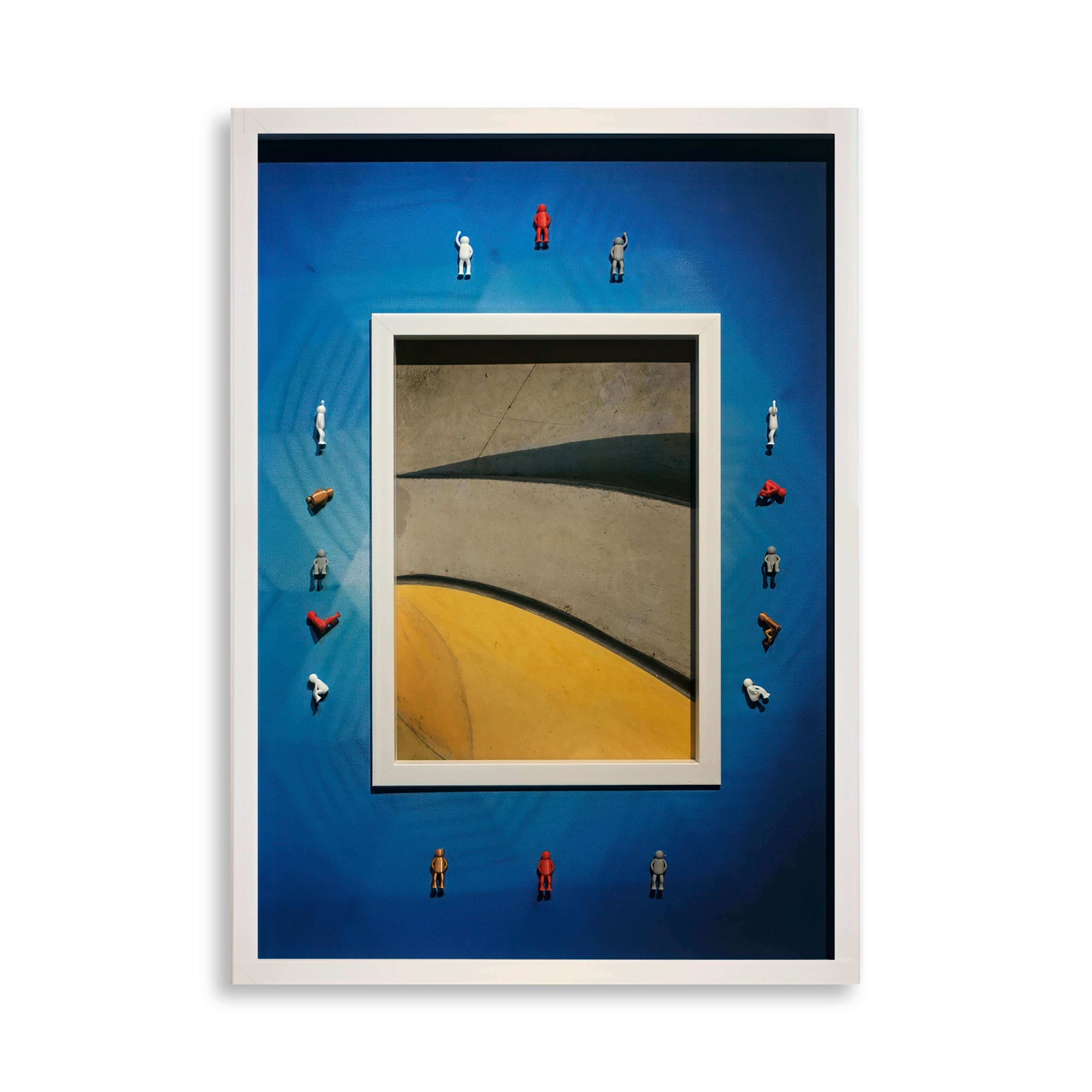 Artistic representation of Window of Light, 2025 featuring miniature figures and vibrant blue background.