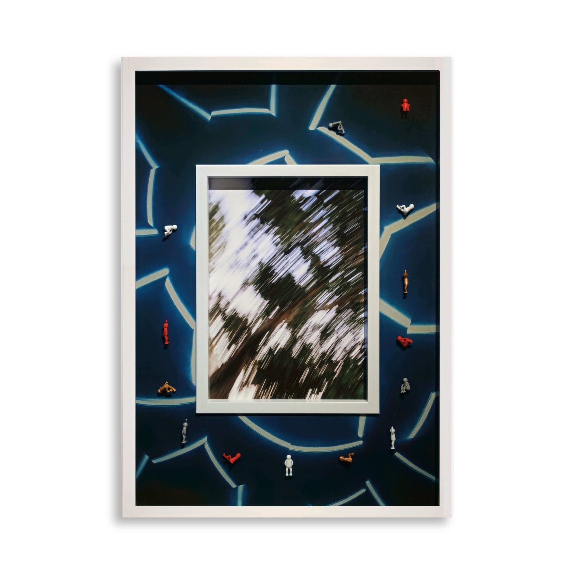 Art piece titled Fading Horizon, 2025, featuring dynamic swirling designs and human figures surrounding a central photograph.