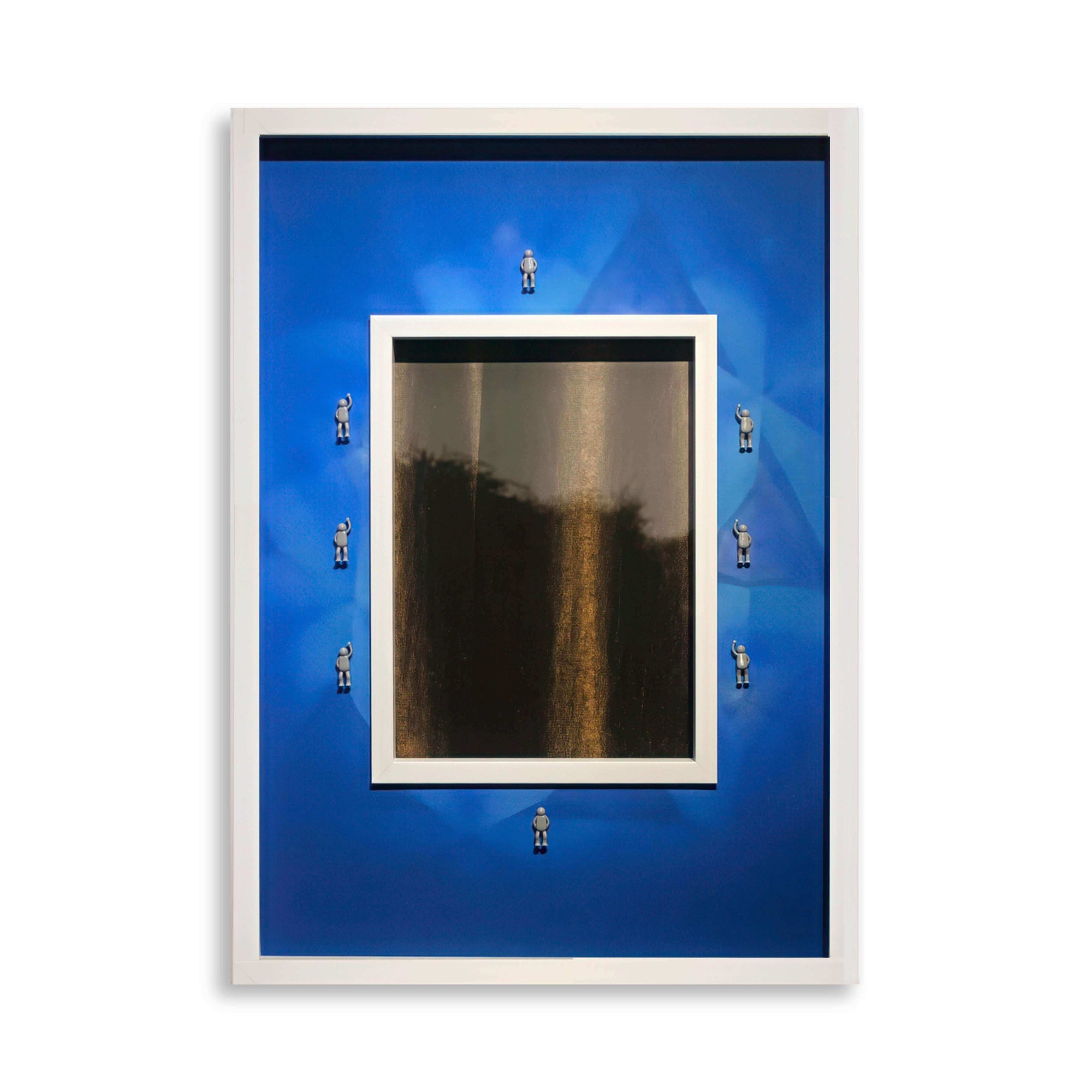 Artwork titled Rhythm of the Frame, 2025 featuring a blue background and central frame with sculptures.