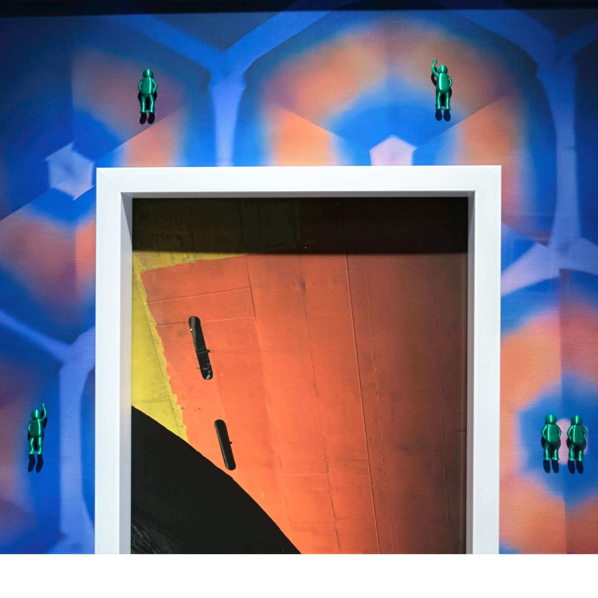 Spiral Inward, 2025 artwork featuring colorful abstract background and small figures on the wall.