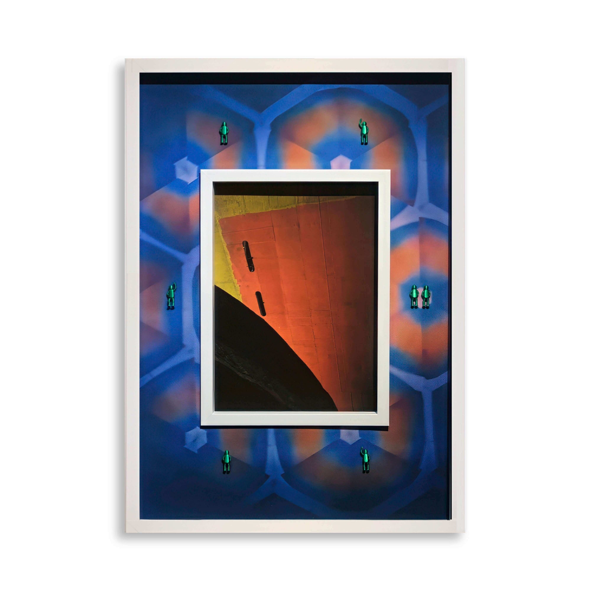 Artistic image titled 'Spiral Inward, 2025' featuring a geometric design with contrasting colors and framed artwork.