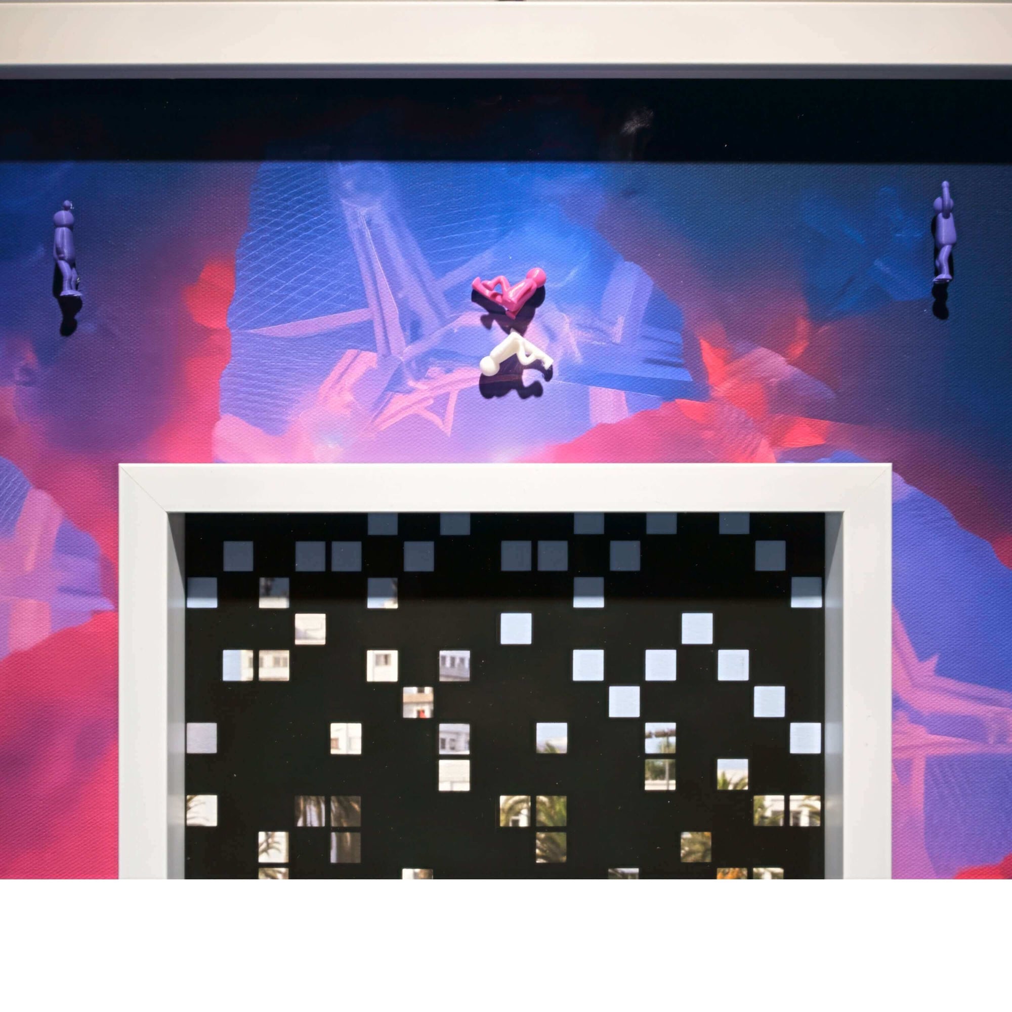 Artwork display featuring Scattered Colours, 2025 with abstract shapes and figures against a vibrant background.