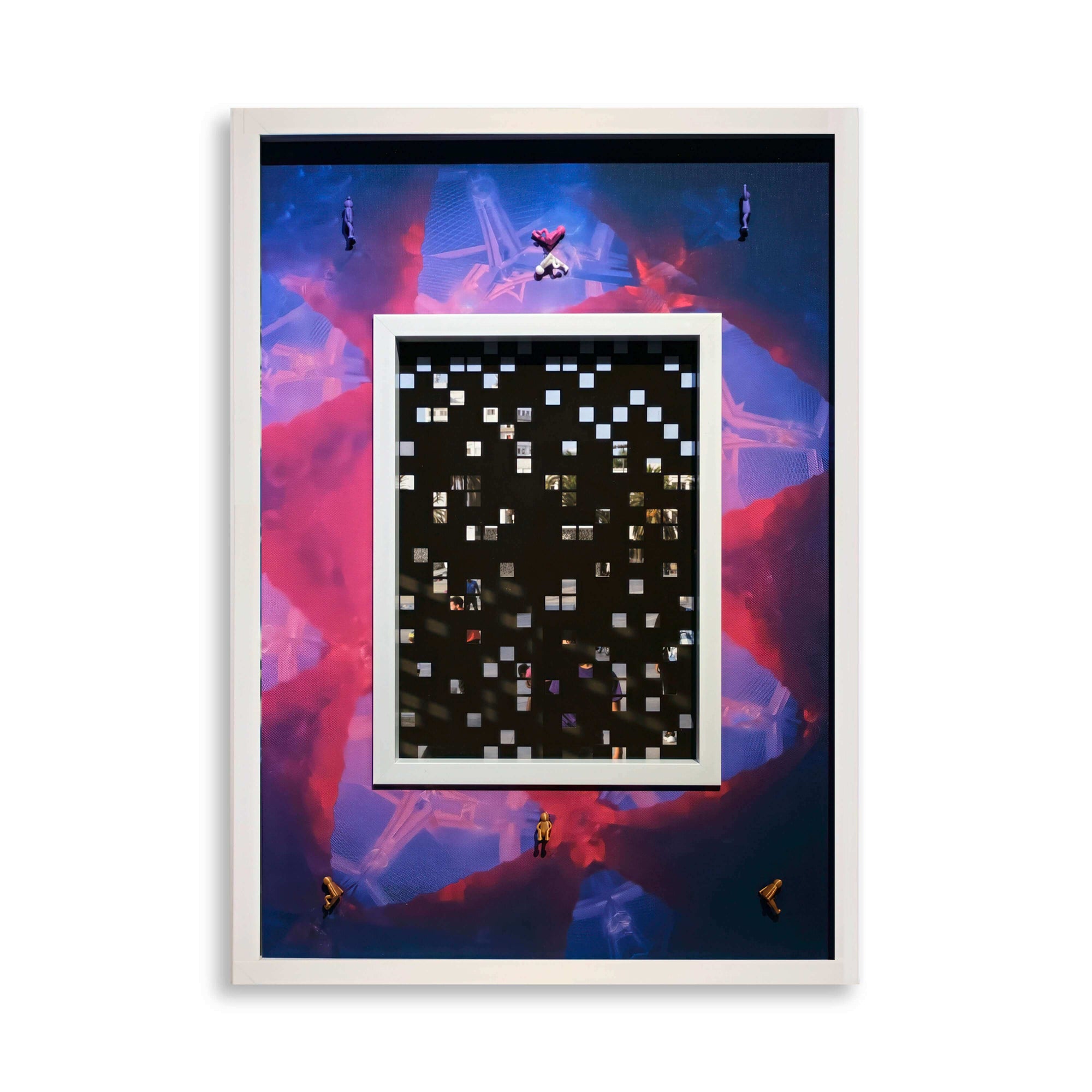 Art print titled Scattered Colours, 2025, featuring a vibrant geometric design with multiple colored squares.